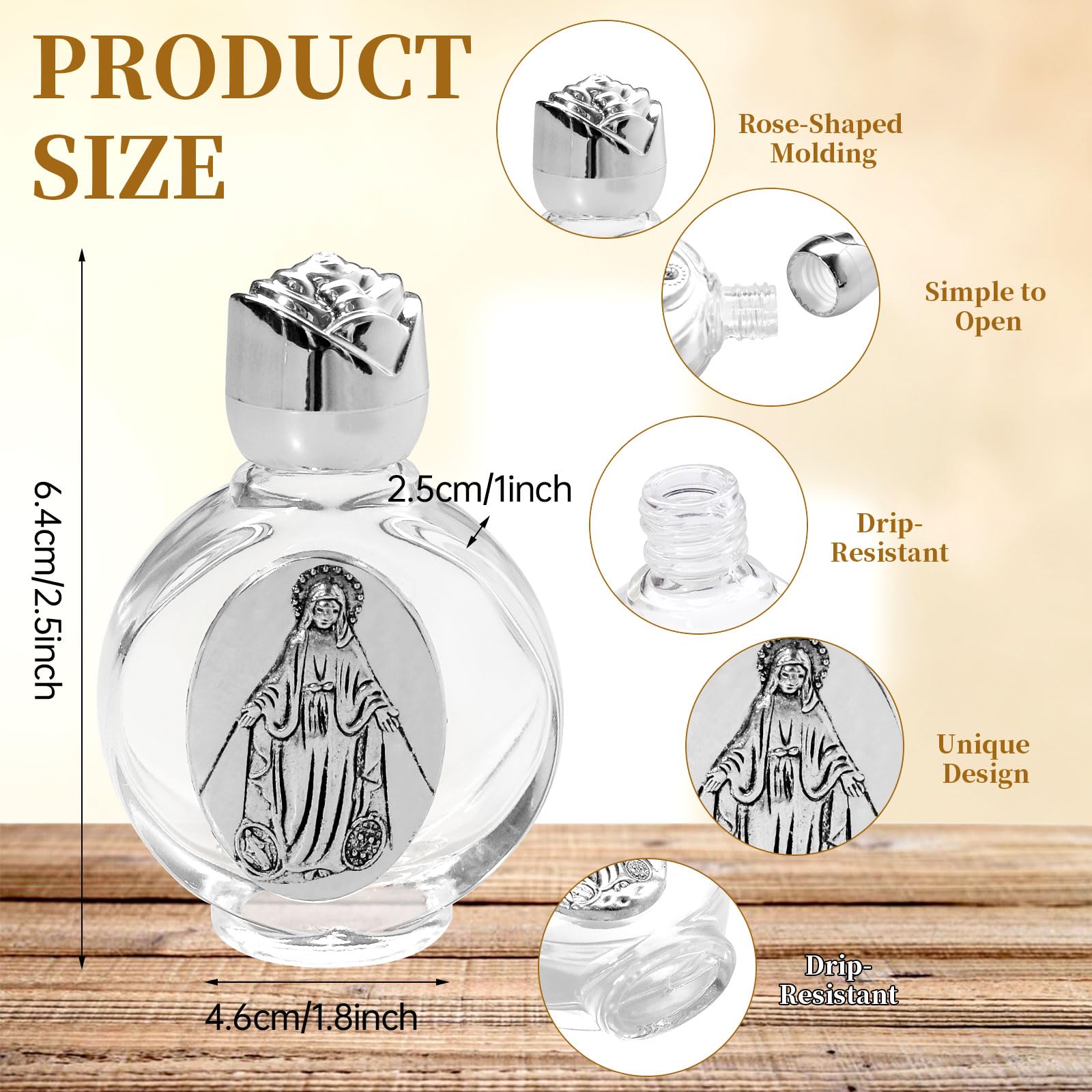 TANEMUDO 16 Pcs Glass Holy Water Bottles 0.5 Floz with Embossed Portable Little Bottle Glass Travel Empty Bottles Church Decorations for Girls Home Wedding Party Favors (Silver Virgin Mary Devotional)