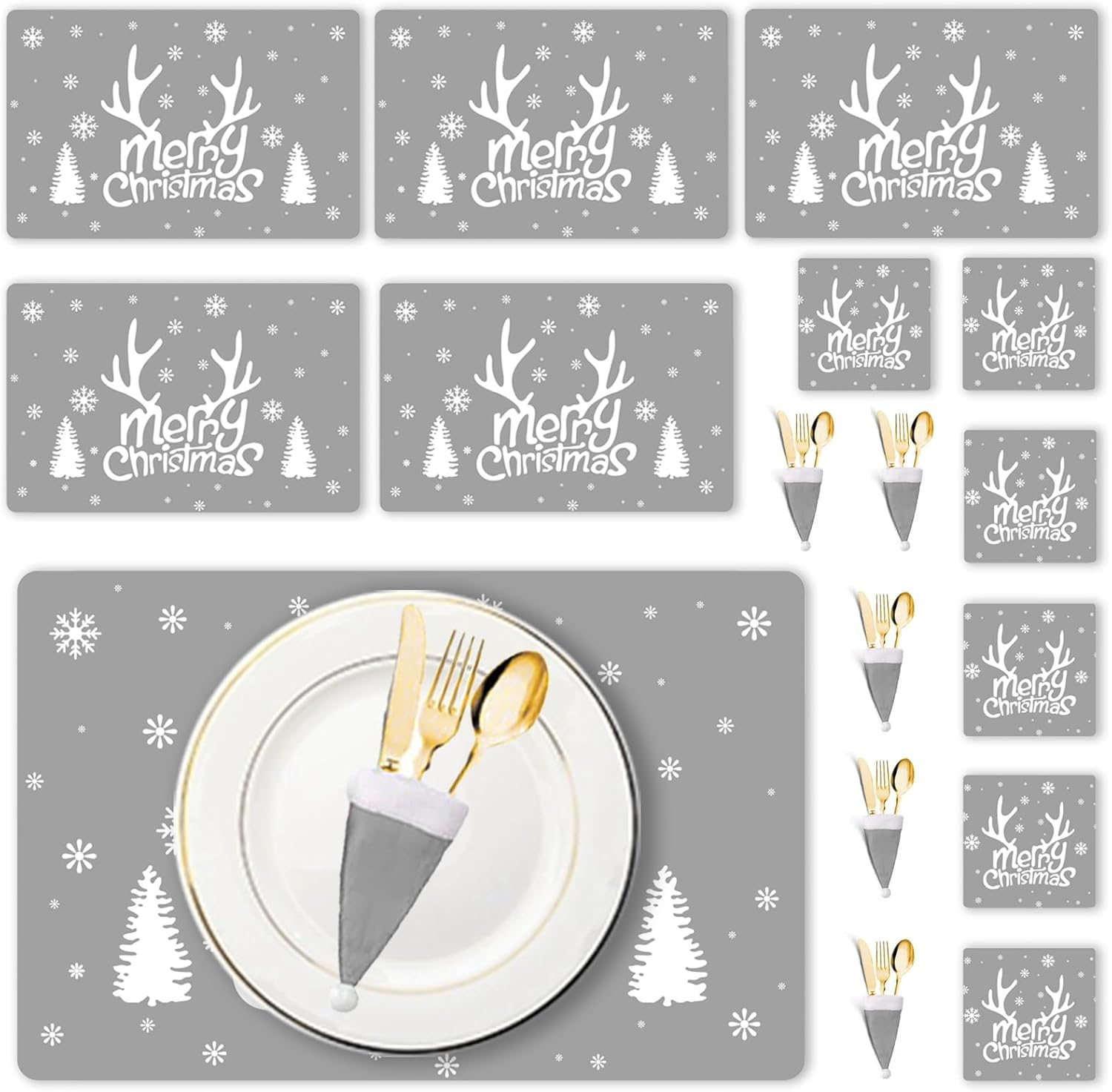 Christmas Table Decoration 18Pcs Christmas Placemats Coasters Cutlery