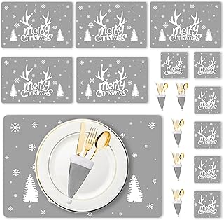 Christmas Table Decoration - 18Pcs Christmas Placemats Coasters Cutlery set, Christmas Placemats Sets, Christmas Table Mats, Home Table Mats, Washable Heat Proof Table Mats