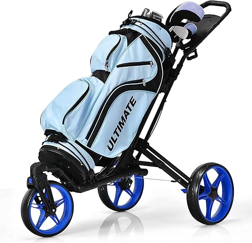 Tangkula Carrito de golf con rueda delantera giratoria de 360, carrito de golf plegable de aluminio de 3 ruedas, carrito de golf con correa