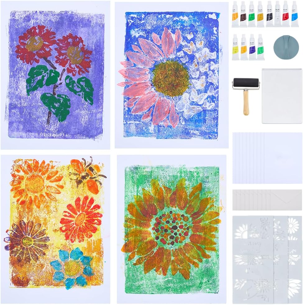 10 Sets Gel Printing Plate Kit for Beginner, Complete DIY Printmaking Kit with 5"x 7" Gel Plate, Sunflower Stencil, Brayer, A5 Paper, Paints & Instruction for Mixed Media Art Printing Supplies