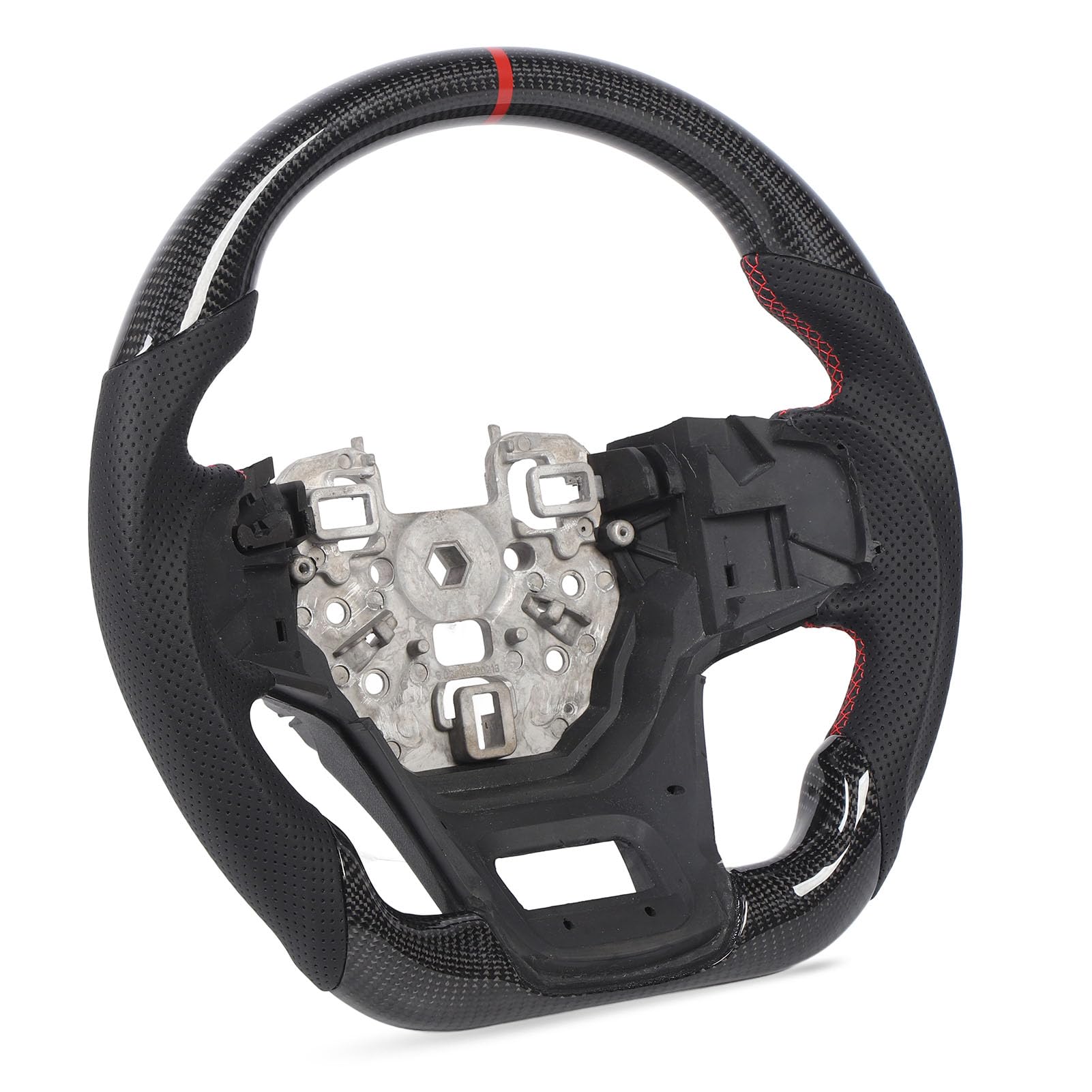 Generic Volante da in Fibra di Carbonio con Fondo Piatto e Pelle Traforata Nera per Auto Sportive Indice Rosso Ore 12