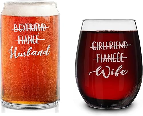 shop4ever novio prometido marido novia prometida esposa pareja juego de regalo grabado vaso de cerveza y copa de vino sin tallo para él para ella