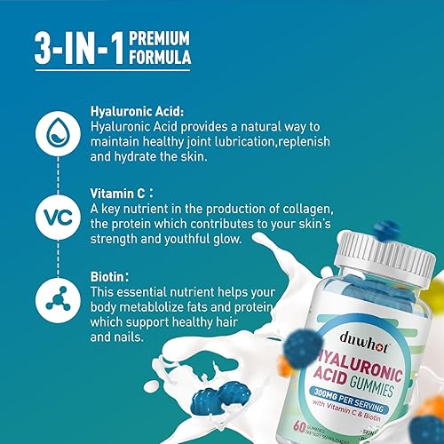 Miniatura 7 de duwhot Gomitas de ácido hialurónico, suplemento de ácido hialurónico para mujeres y hombres, 300 mg de ácido hialurónico con vitamina C y biotina,