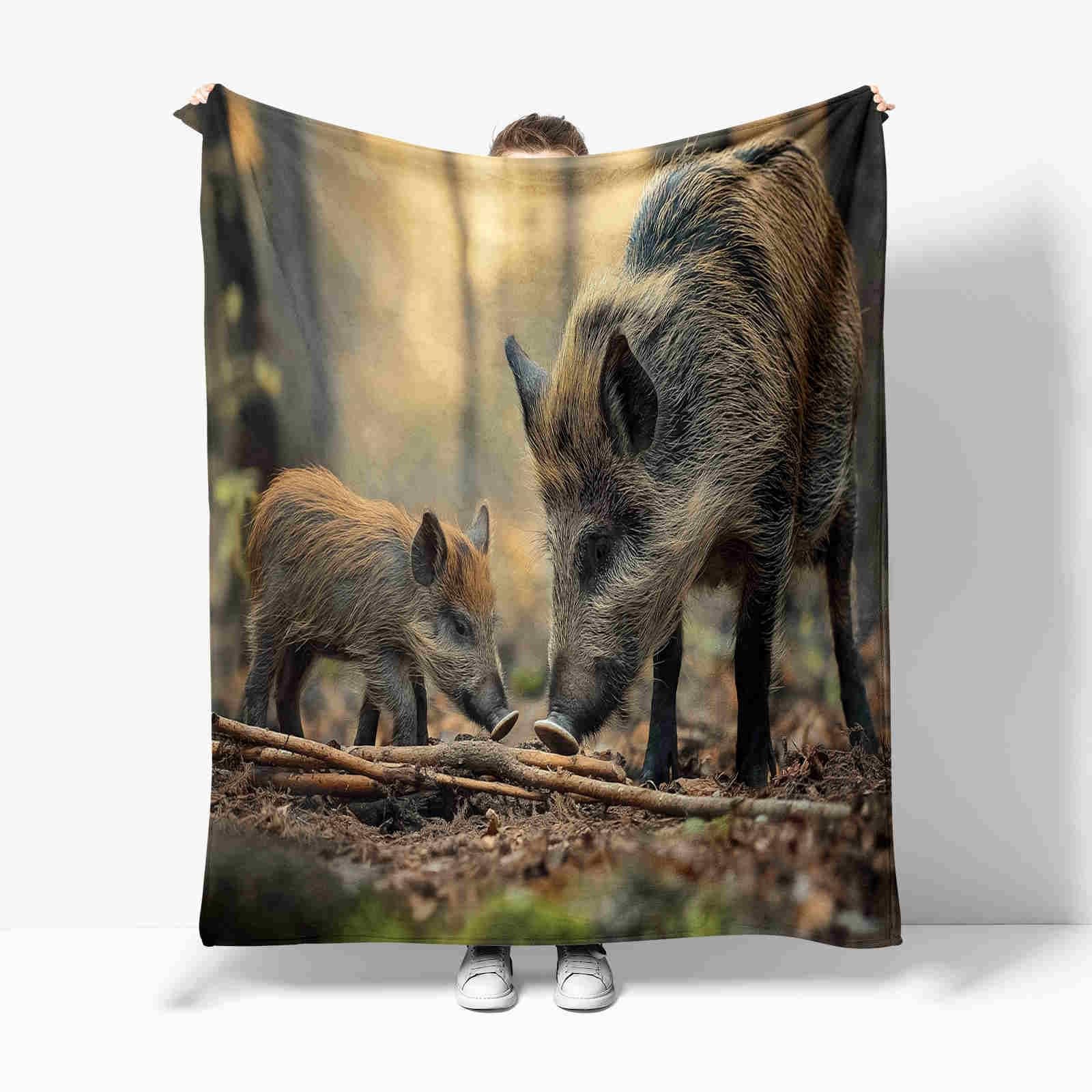 Forêt Faune Sanglier Plaid Polaire, Couverture et Plaid Canapé Grande Taille en Flanelle Douce et Chaude Brun Confortable pour Enfants et Adultes, Chambre et Lit 150x200 cm