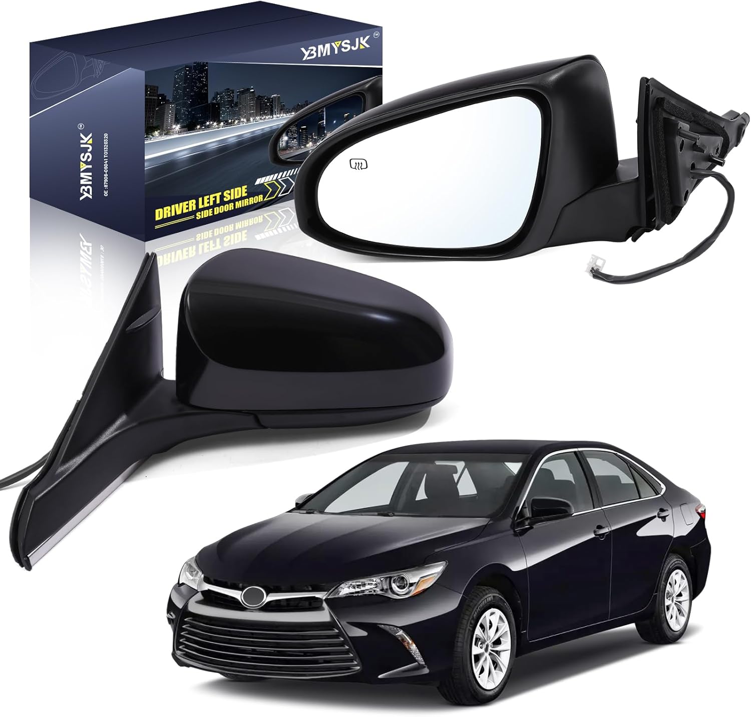 Driver Side Power Door Mirror Compatible with Toyota Camry 2015 2016 2017, With Heated Manual Folding W/o Turn Signal Light Black 5 Pin