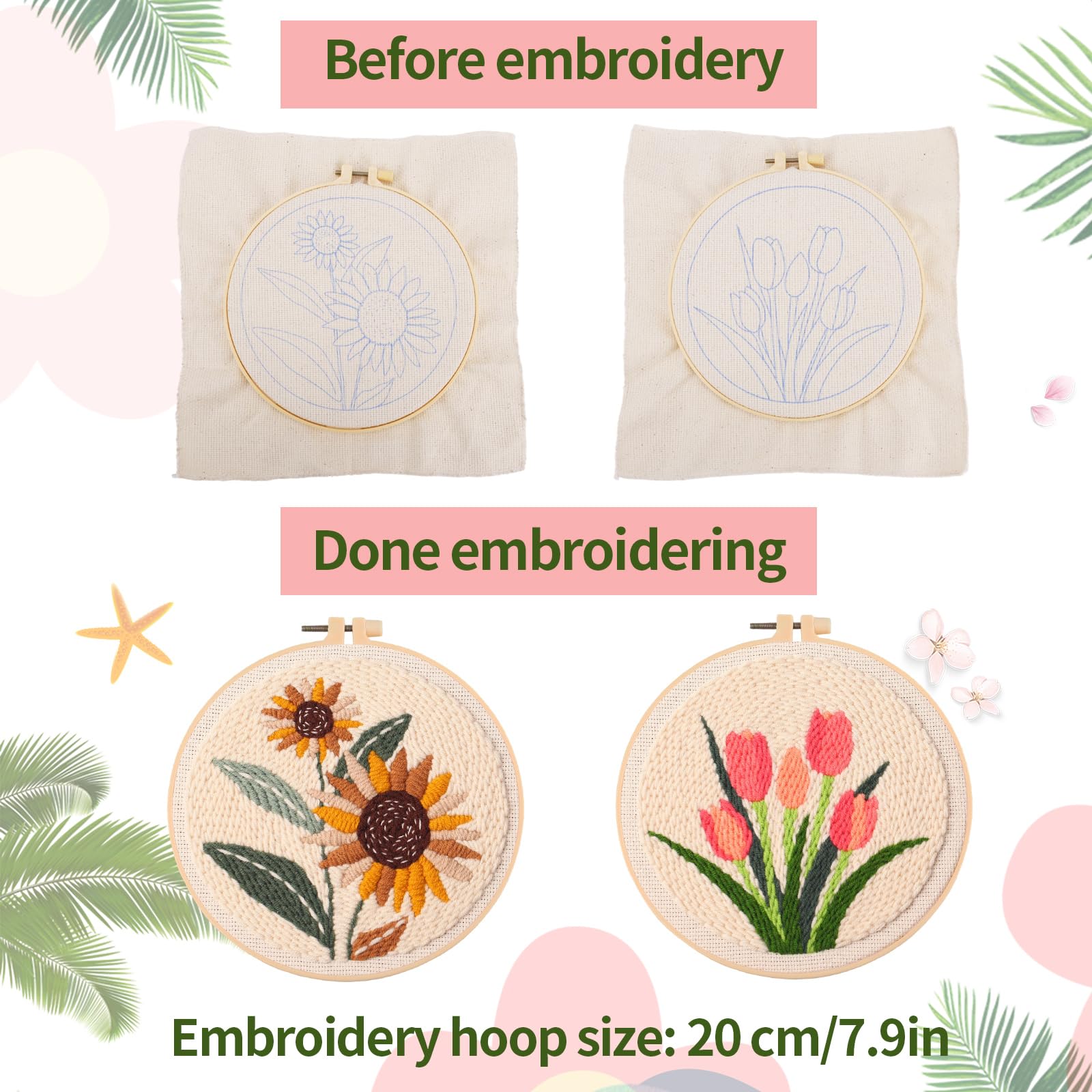 Penitue Kit Punch Needle, Modello Girasole e Tulipano Fai da Te Ricamo Floreale, Set Iniziale per Adulti Principianti Bambini con Tessuto Stampato Filati Aghi da Cucito Telaio Ricamo Infila-Fila