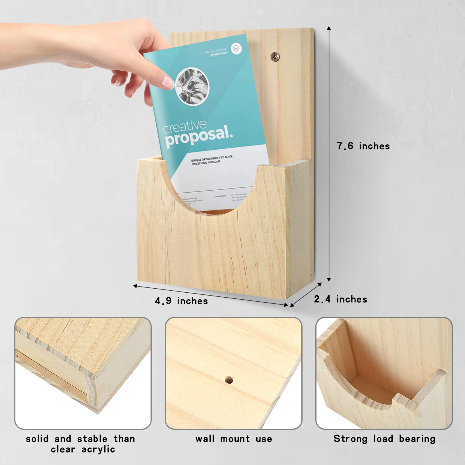 Soporte de madera 2 en 1 para folletos de pared, soporte de exhibición colgante para folletos de 4 x 6 y folletos triples, ideal para oficina