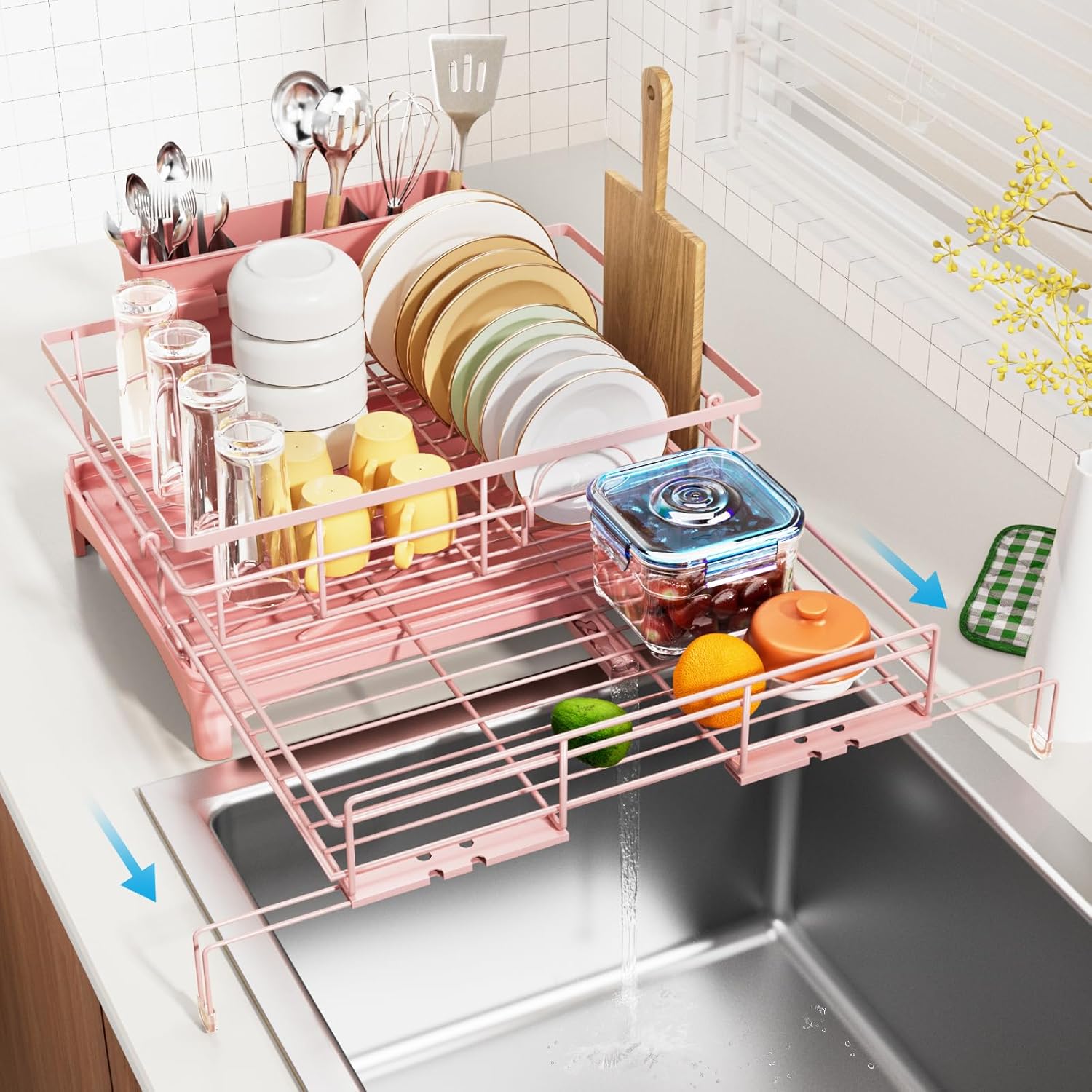 Dish Drying Rack - Expandable Rack, Large Capacity Dish Drainer for Kitchen Counter, Rust-Proof with Utensil Holder, Gray