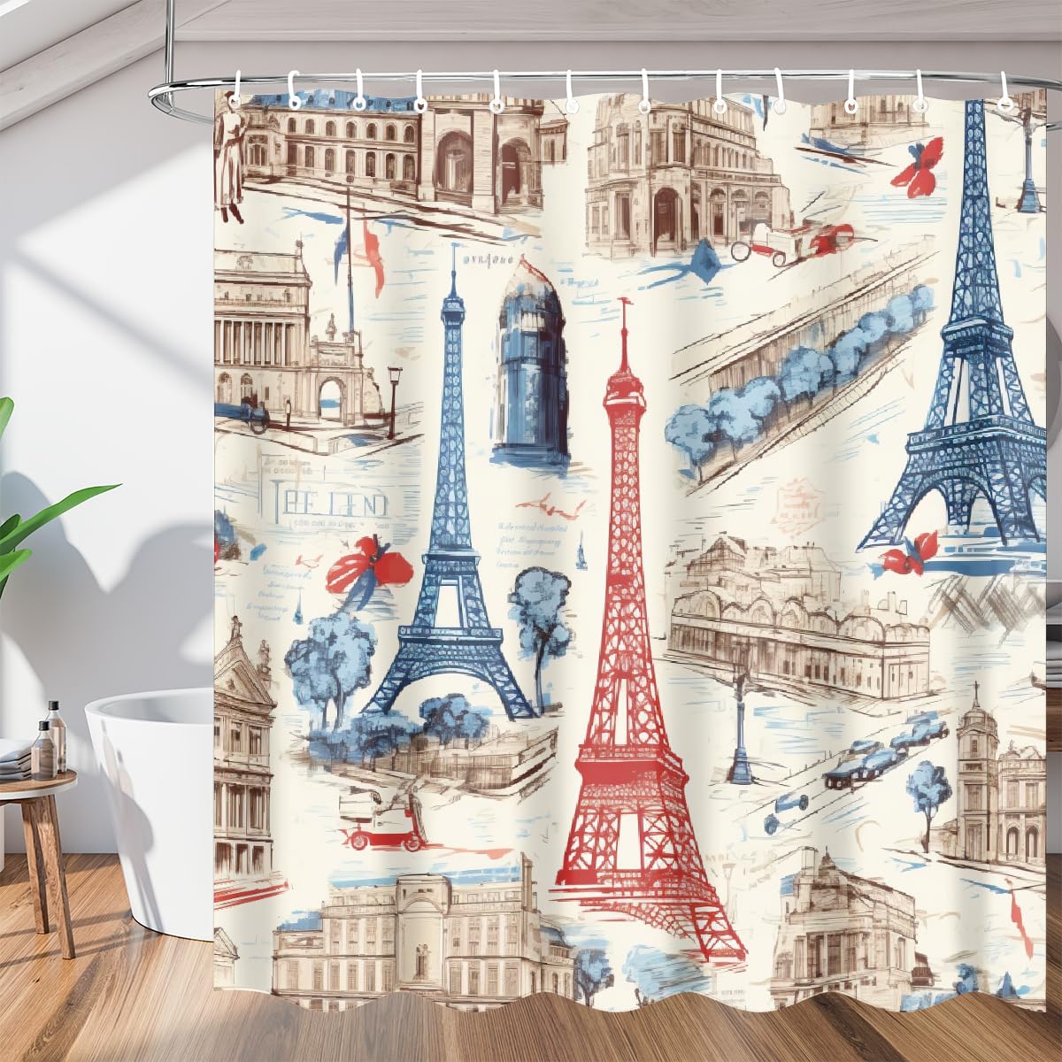Mexpekil Shower Curtain, Bathroom Shower Curtain 168 x 183 cm, Waterproof Polyester Bathtub Curtains with Grommets & Hooks, Retro Eiffel Tower