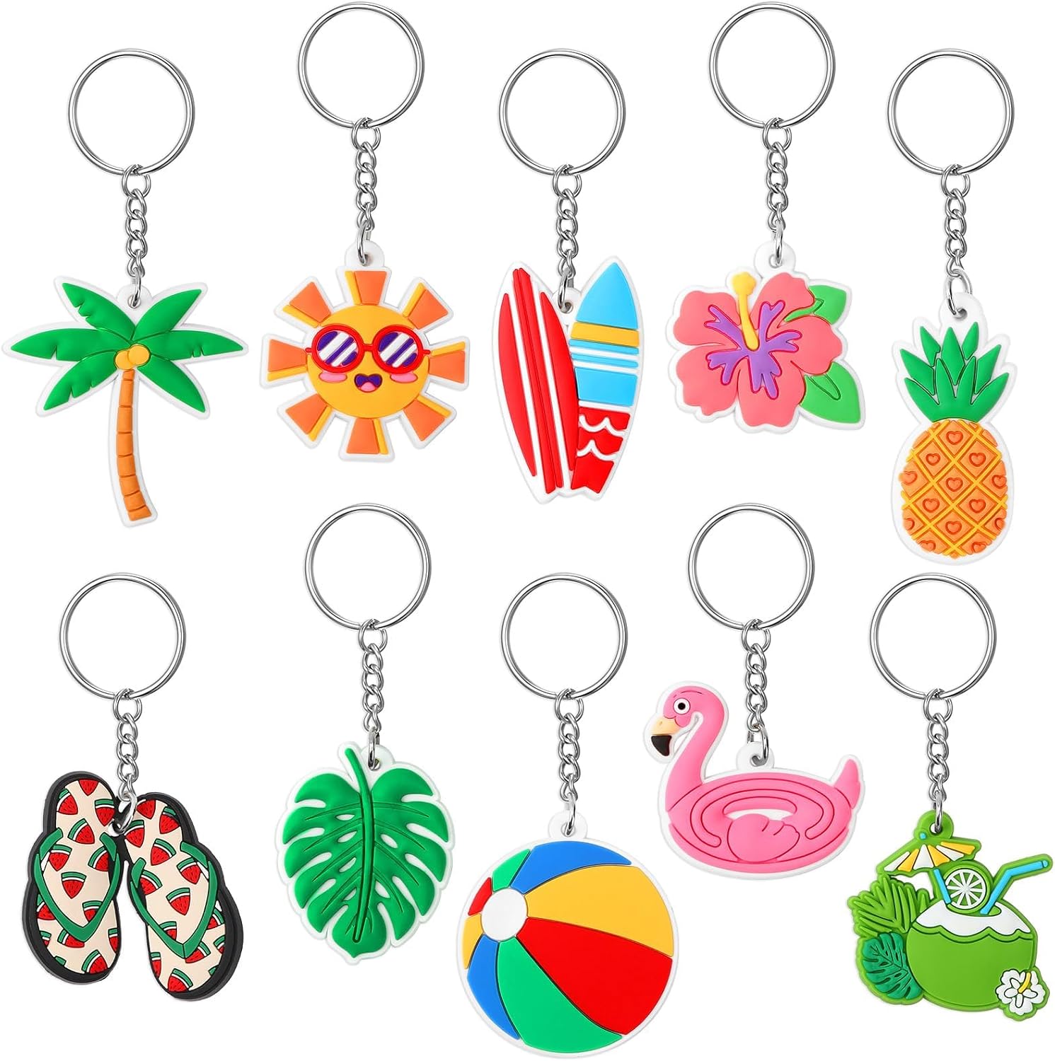 JUNEBRUSHS 30PCS Summer Keychains Hawaiian Beach Hanging Pendant for Summer Beach Sea Theme Birthday Party Favor Classroom Supplies(10 Style)