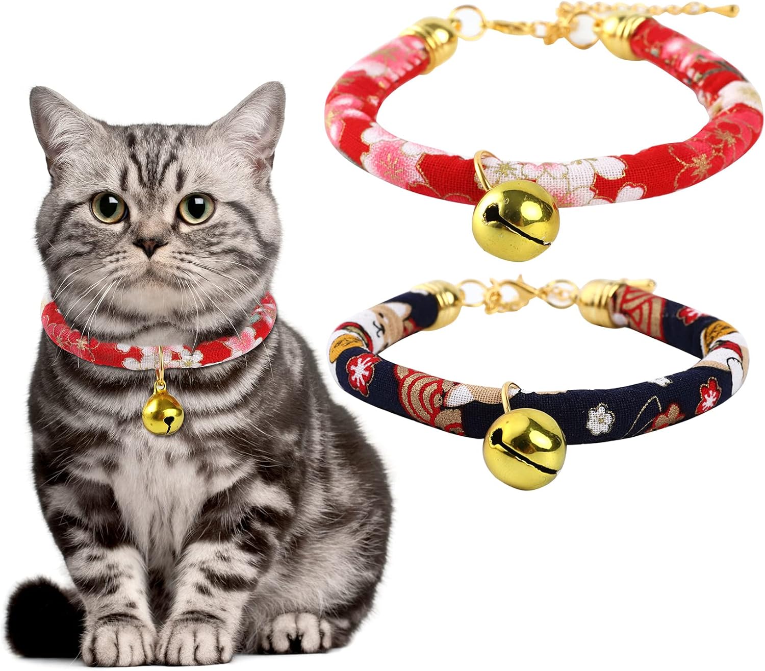 JZHBEI 2PCS Kitten Cat Collar with Bell, Japanese Style Kitty Puppy Breakaway Collar, Adjustable Soft Neck Collar for Small Dogs, Kitten…