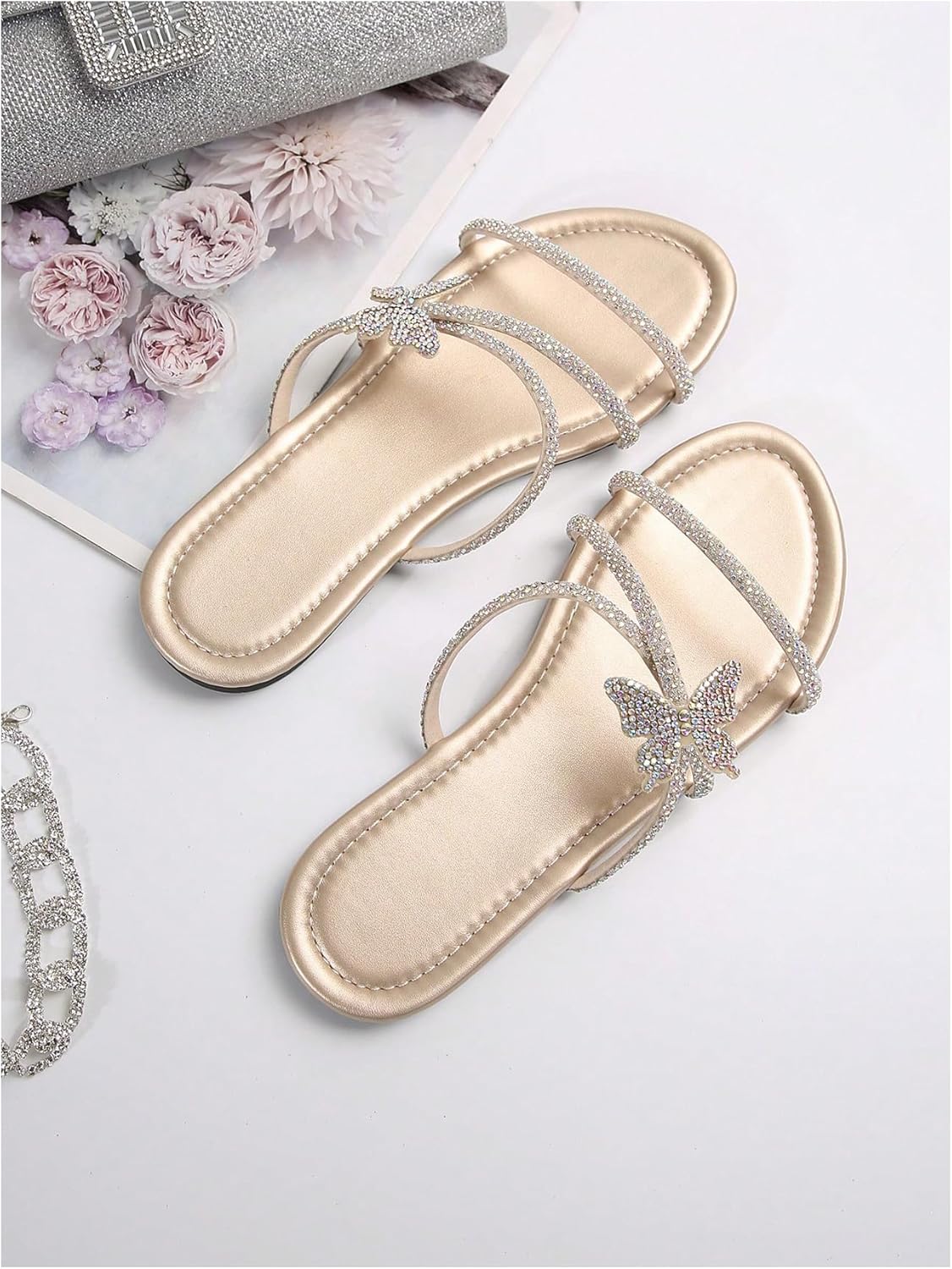 OYOANGLE Women's Butterfly Rhinestone Shiny Slide Sandals Strappy Slip on Flat Sandals Dressy Casual Sliders - Image 3
