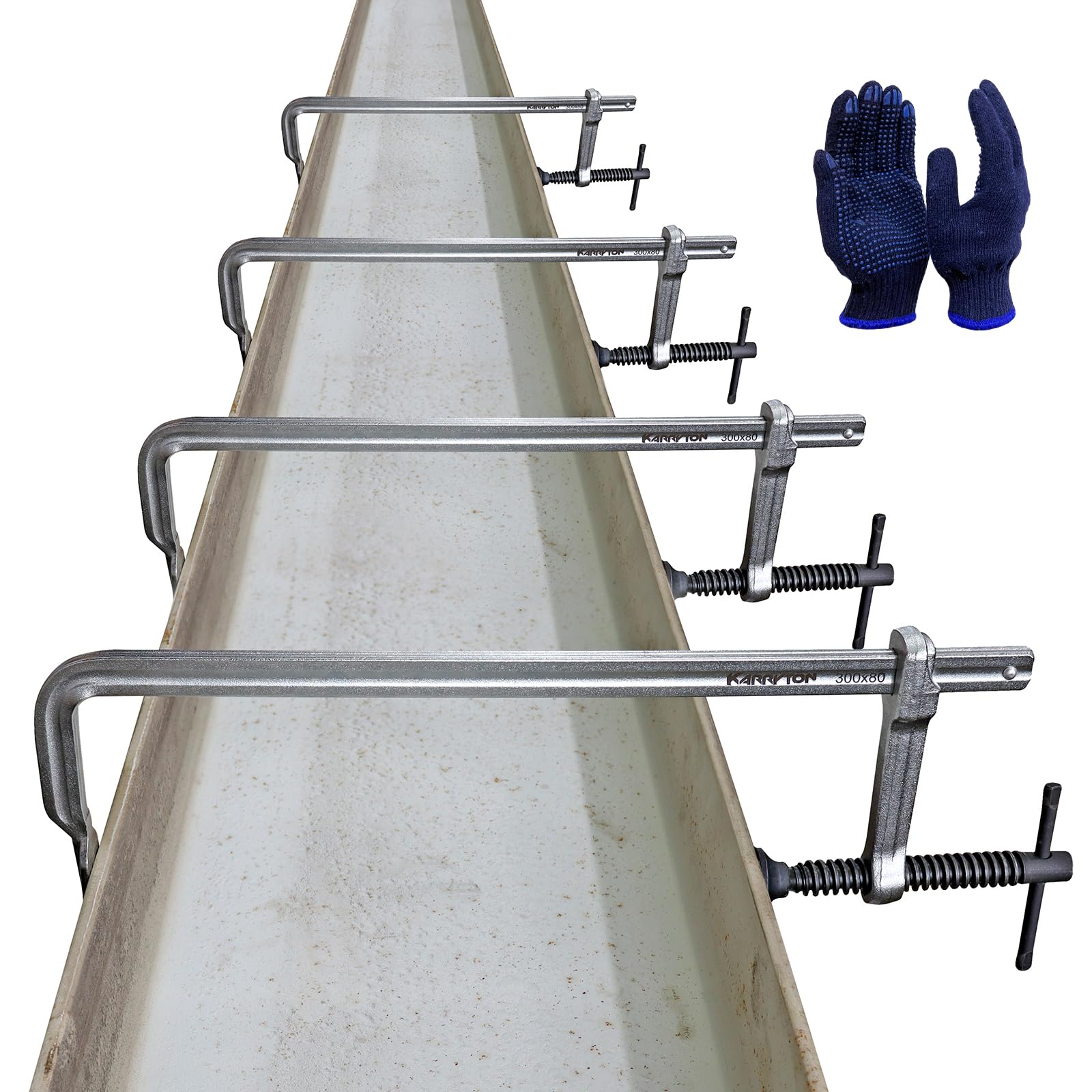 Paquete de 4 abrazaderas F de 300 x 80 mm con profundidad de garganta de 3 pulgadas, tamaño de barra de 5/8 x 5/16 pulgadas, fuerza de sujeción de 600 libras, abrazaderas de barra de acero