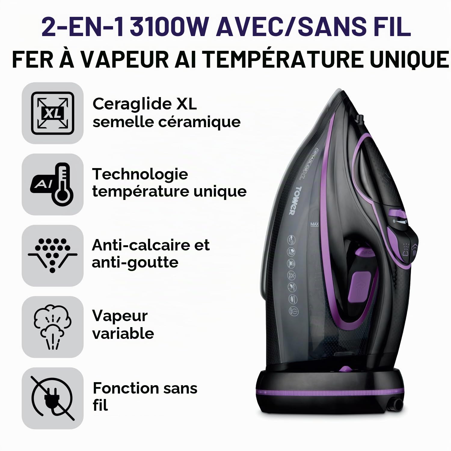 Tower T22036LIL Fer à vapeur sans fil avec technologie One Temp et semelle céramique XL, fonctions anti-goutte et anti-calcaire, réservoir d'eau de 350 ml, 3100 W, lilas et noir