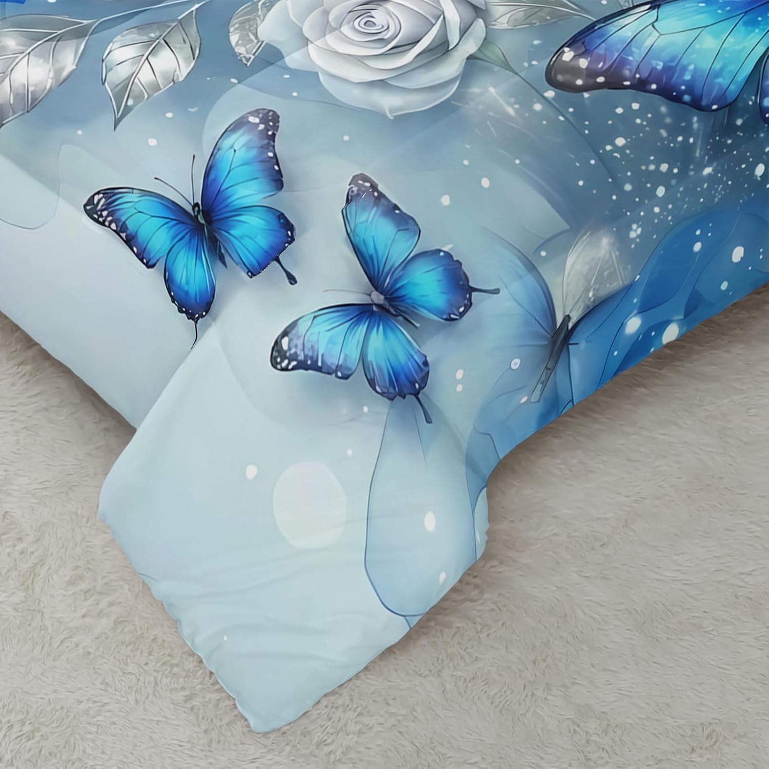 AILONEN Floral Butterfly Comforter Set Queen Size - Blue White Flower Bedding Set with 2 Pillowcases - Soft Microfiber All Season for Room Decor,3Pcs