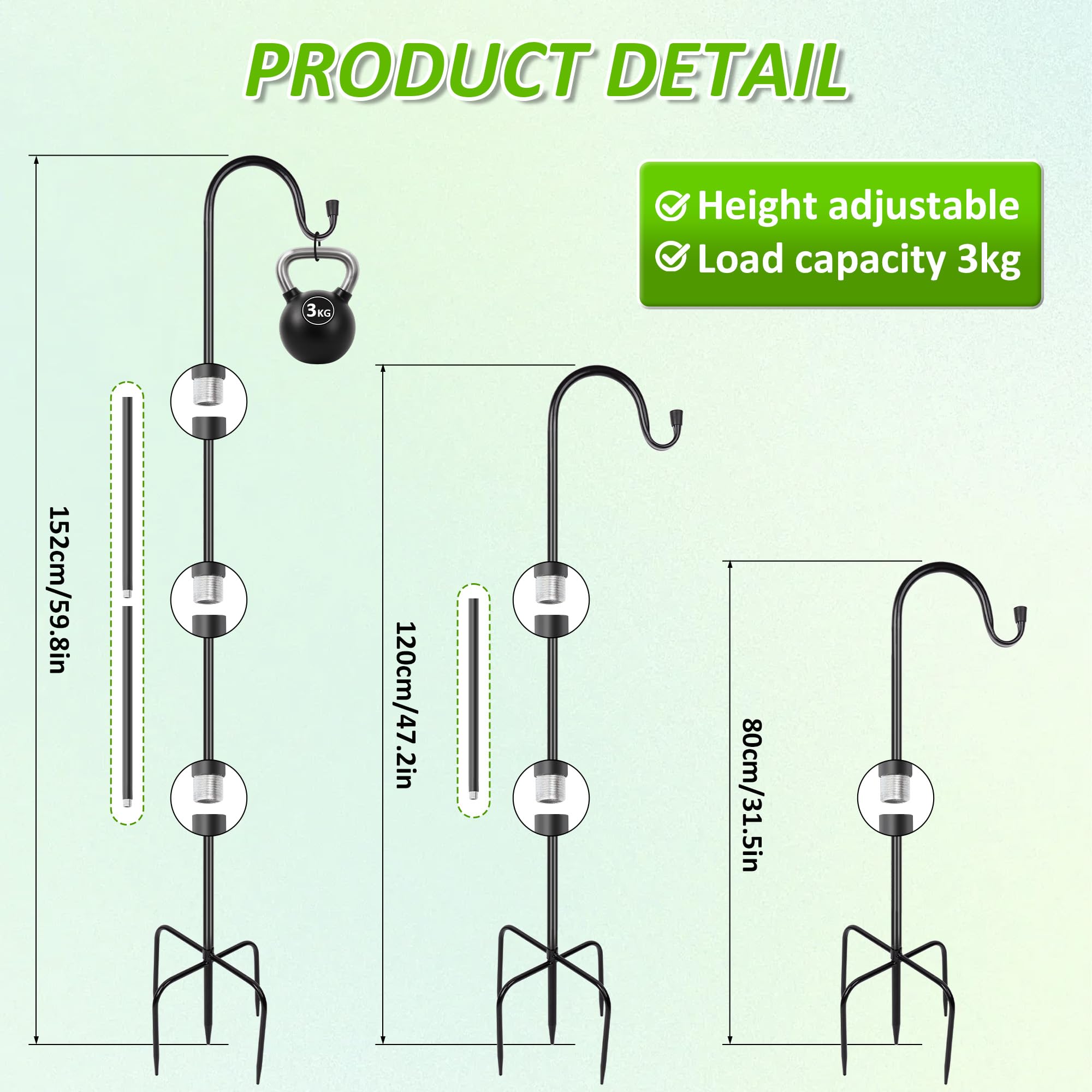 2 ganci da pastore da 124 cm, palo da giardino resistente con base a 5 punte, gancio da pastore, palo per mangiatoia per uccelli da giardino, palo in metallo per esterni, portata 3 kg, per lanterne