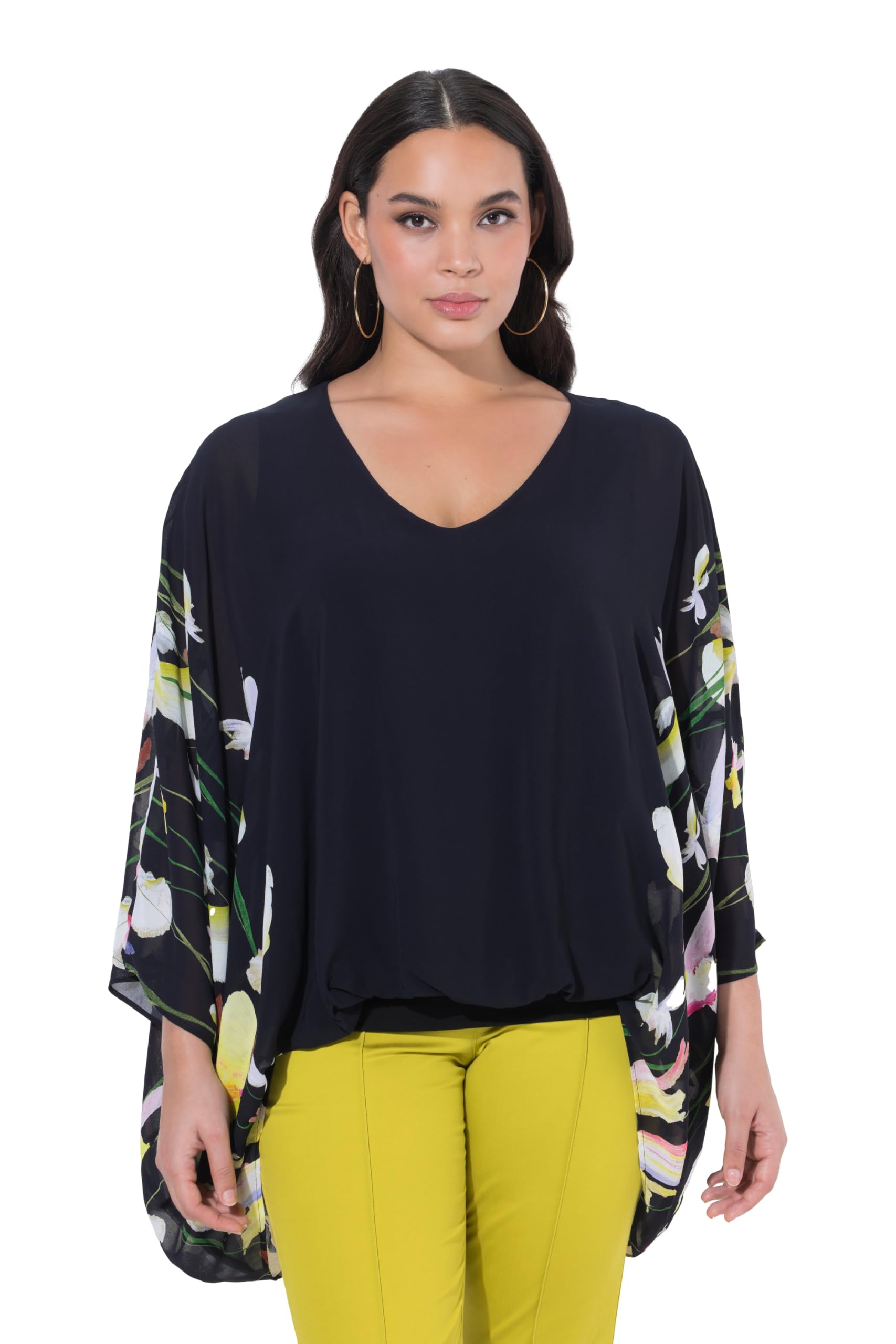 Ulla Popken Damen große Größen Übergrößen Plus Size Chiffon-Bluse, doppellagig, V-Ausschnitt, 3/4-Arm 845282