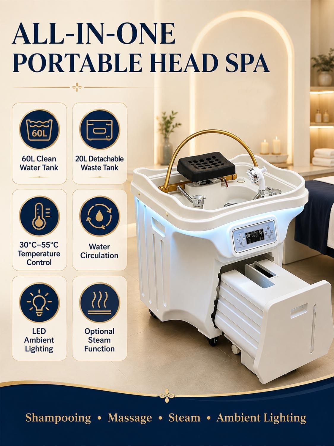 Lavatesta Head Spa con Serbatoi da 60 L e 20 L e Luce LED