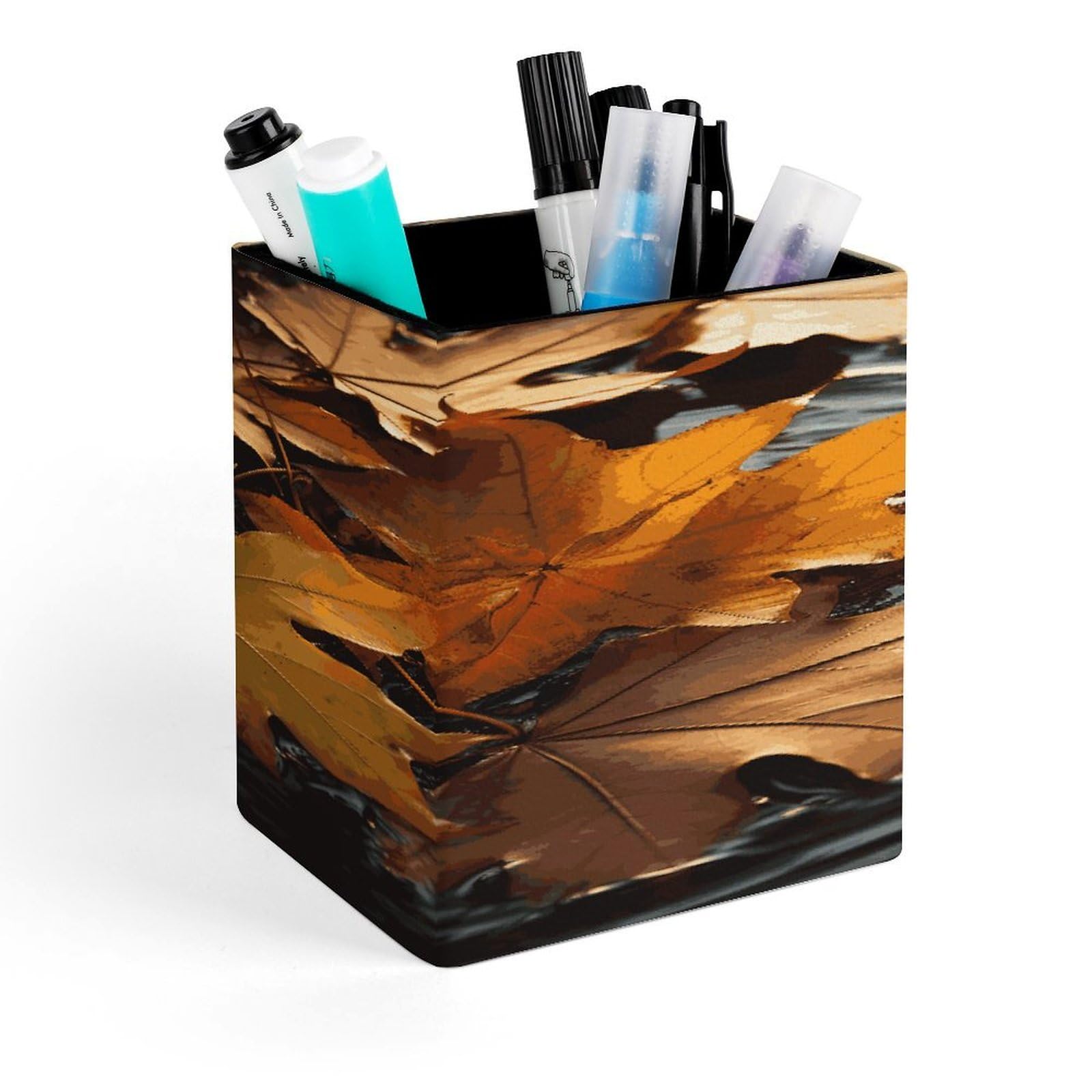 FekiLoot Fall Leaves Pencil Holder for Desk Square Leather Pen Holder Cup Desktop Organizer Multi-Functional Pencil Cup Holders Modern Decorative Desk Organizer Caddy Makeup Brush Holders