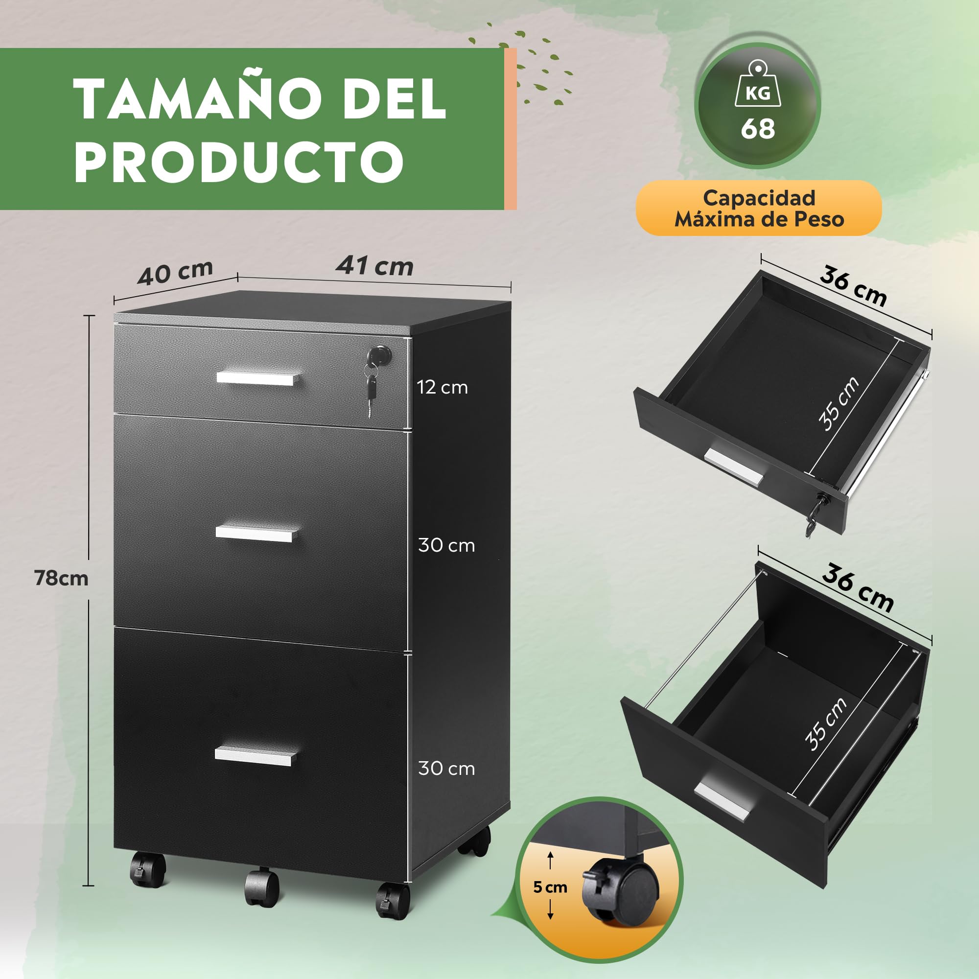 DEVAISE Archivador de 3 Cajones con Cerradura, Mueble Bajo Escritorio en Madera con Ruedas para Documentos A4 Carta, Negro Moderno para Hogar Oficina