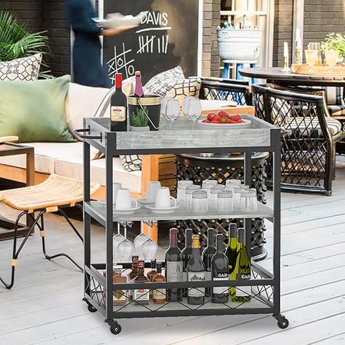 Miniatura 6 de Carrito de bar, carritos de bar para servir para el hogar con parte superior móvil, carrito móvil de madera con ruedas y soporte de vidrio, carrito