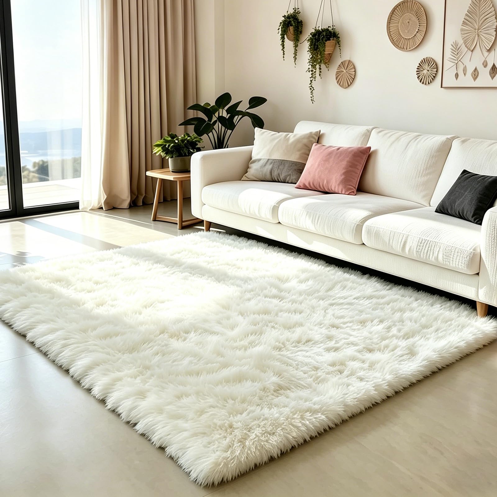 Homcomodar Rugs Living Room 120x160cm Fluffy Rugs for Bedrooms Anti-Slip Beige Rug Soft Thick Shaggy Rug for Living Room Bedroom Kids Room Nursery