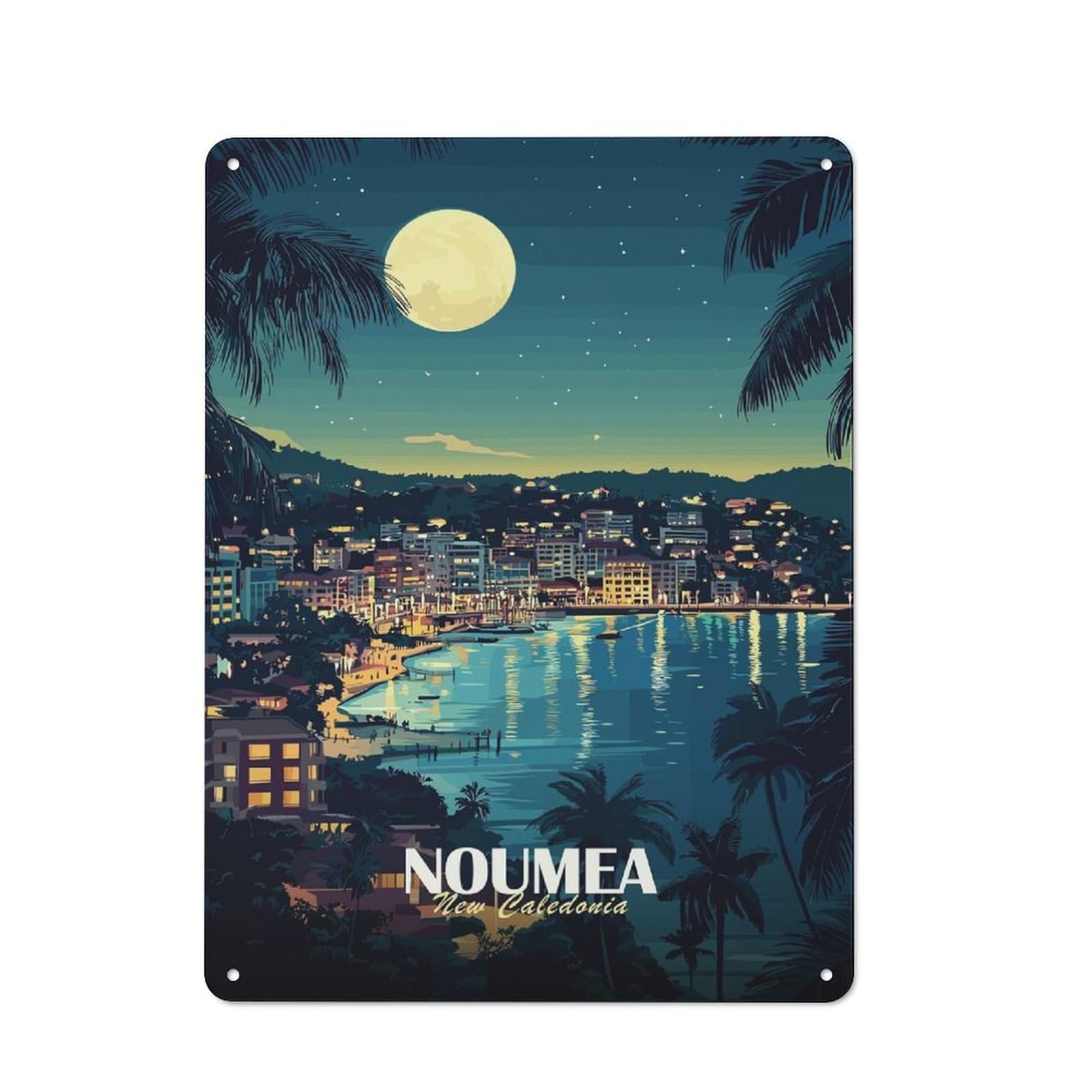 Junmoney Style-2 Noumea, New Caledonia Nightscape Illustration Vintage Metal Sign 40X30cm, Vintage Cafe Wall Decor For Takeaway, Bar, Kitchen Or Counter Area