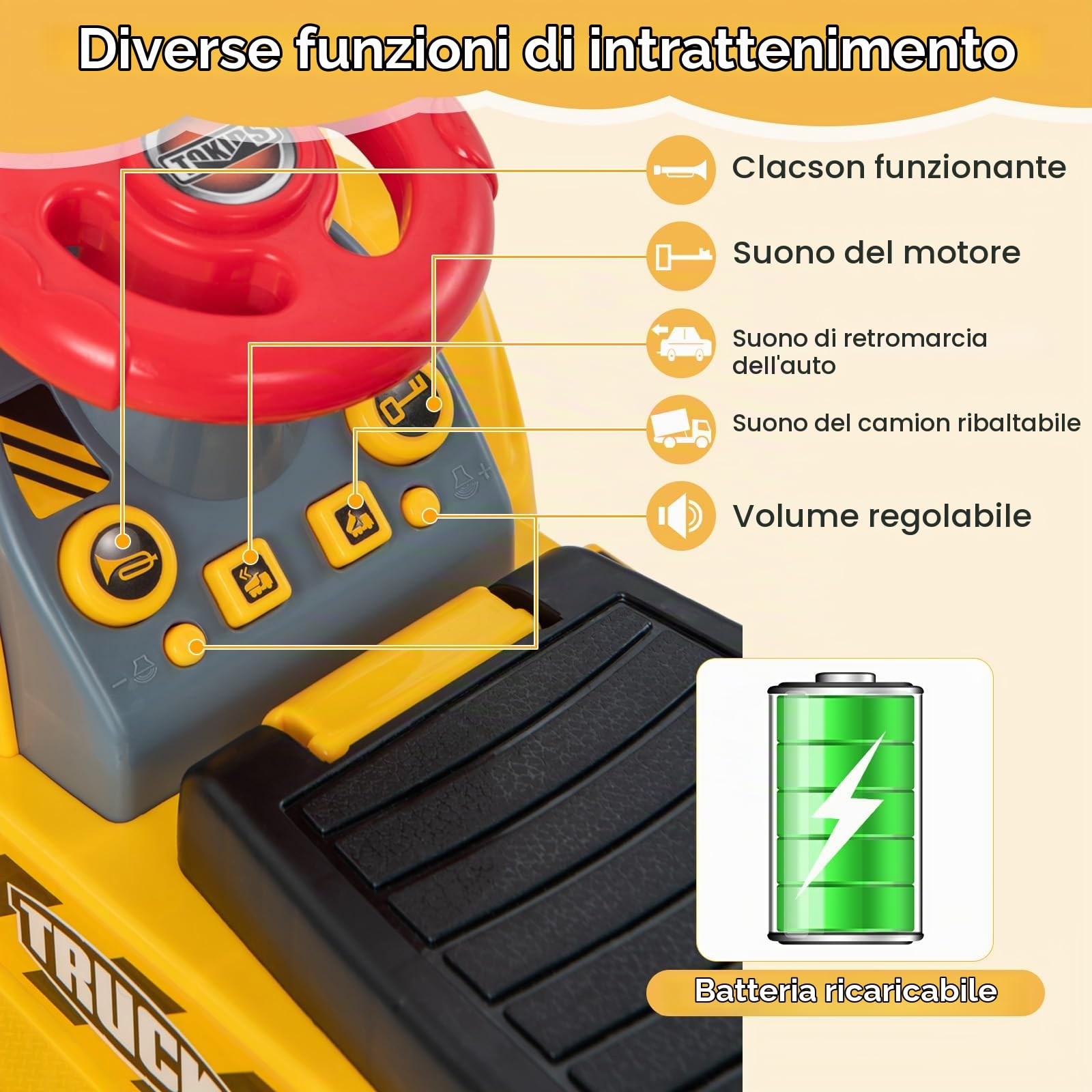 RELAX4LIFE Escavatore Elettrico per Bambini, con Benna Regolabile, Vano Nascosto, Suoni, Effetti Sonorie Canestro Nascosto e 3 Basket, per Bambini, Portata di 25KG, 2 Anni+ (MODELLO 2)