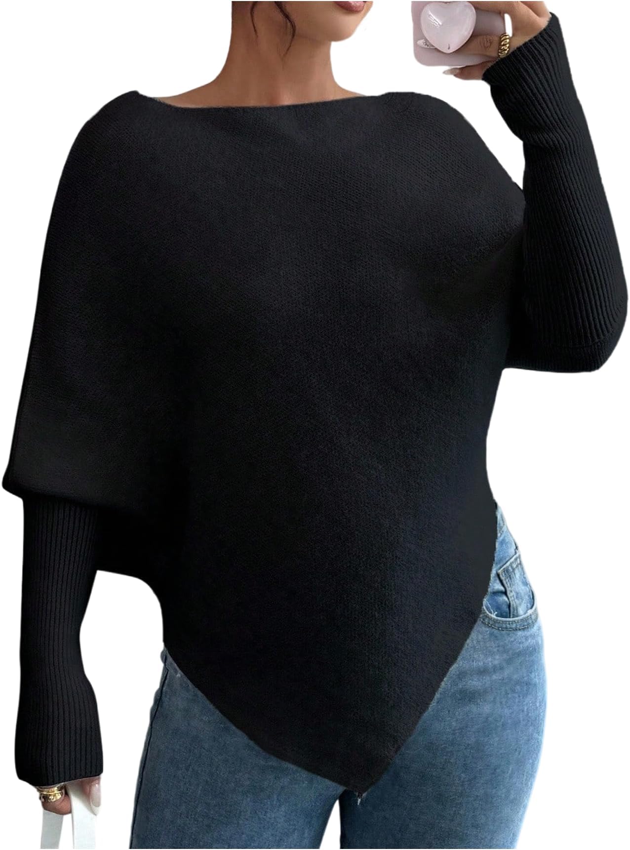 Women's Off The Shoulder Poncho Sweater Asymmetrical Oversized Pullover Knit Tops Fall Clothes