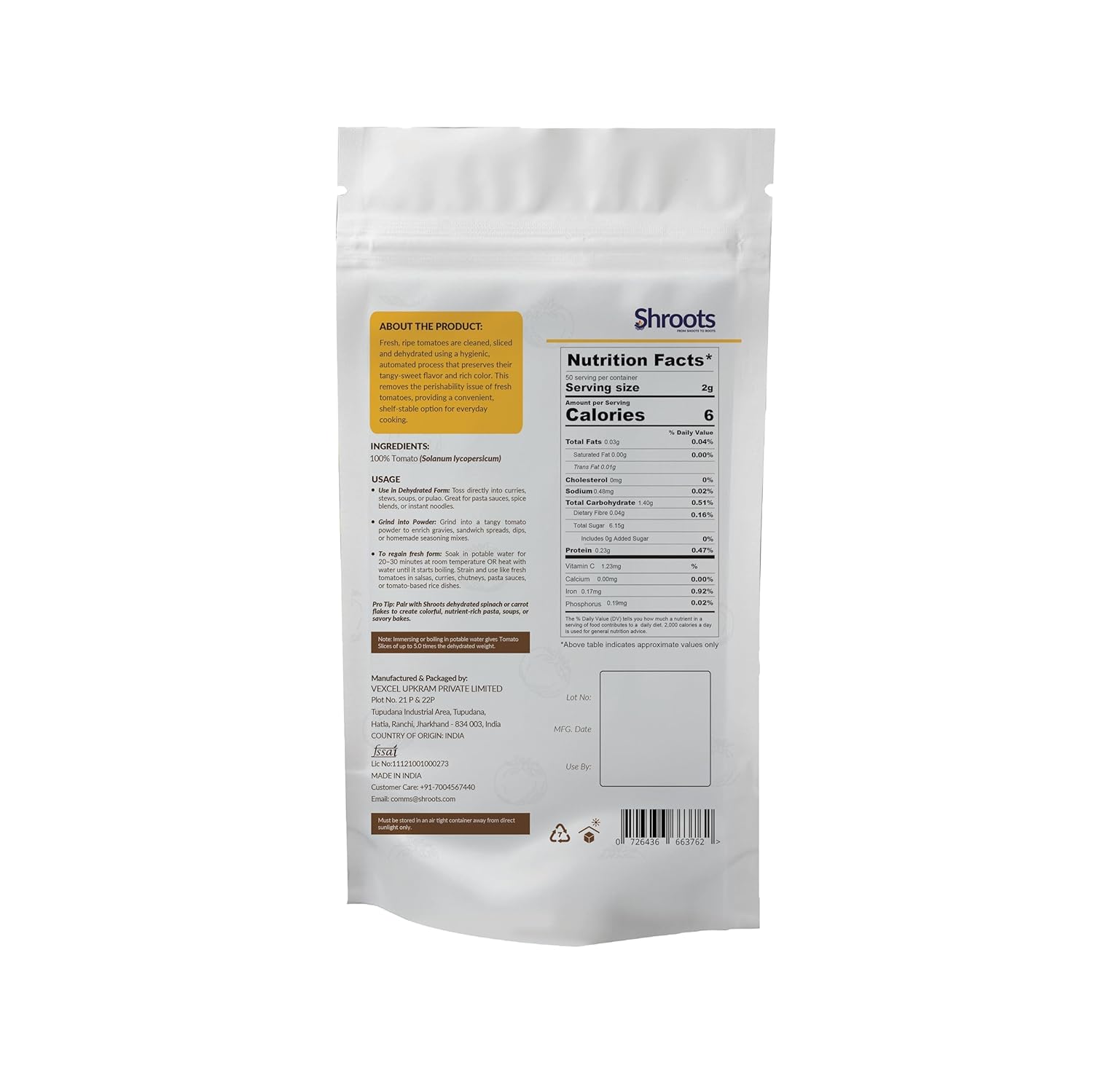 SHROOTS Dehydrated Tomato Flakes – Air Dried Dehydrated Vegetable, 100g (3.5oz), Gluten Free, Vegan, No Added Salt, Ideal for Pasta Sauce, Curries, Soups, Pizza & Ramen – Camping & Emergency Food