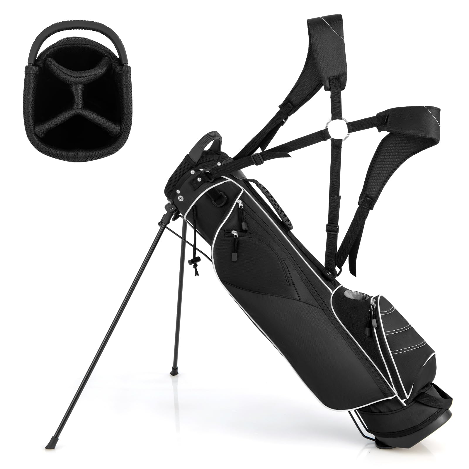 SPOTRAVEL Golf Stand Bag, Lightweight Golf Clubs Storage Bags with Adjustable Dual-Strap, 4-Way Top Divider & Foldable Bracket, Waterproof Golf Trolley Bag for Adults (Black)