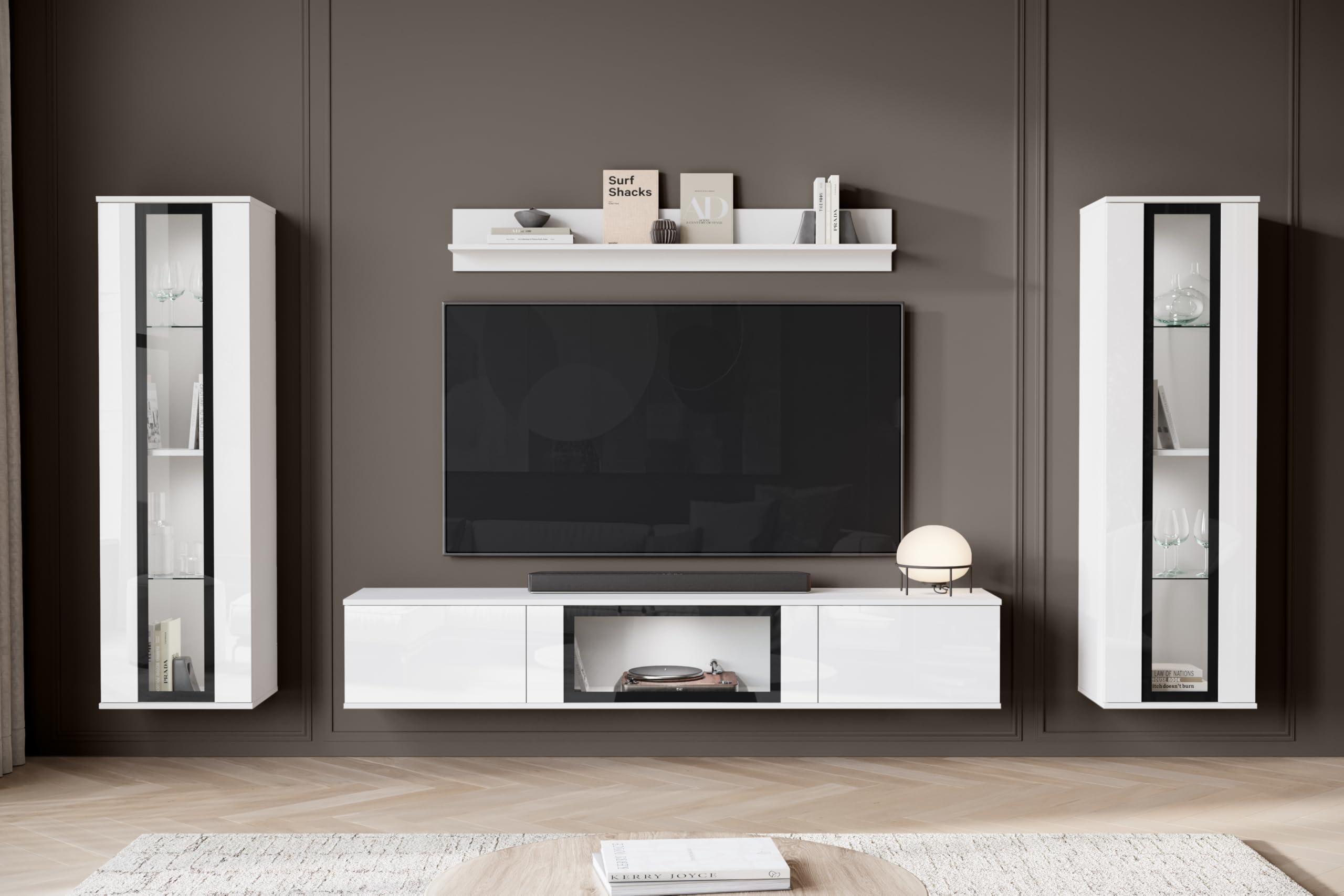 MINIO go for it - Ensemble de Meubles de Salon FARO 4 pièces avec LED | Armoire haute, vitrine, meuble bas avec porte en verre, étagère murale, panneau stratifié, blanc mat / blanc brillant