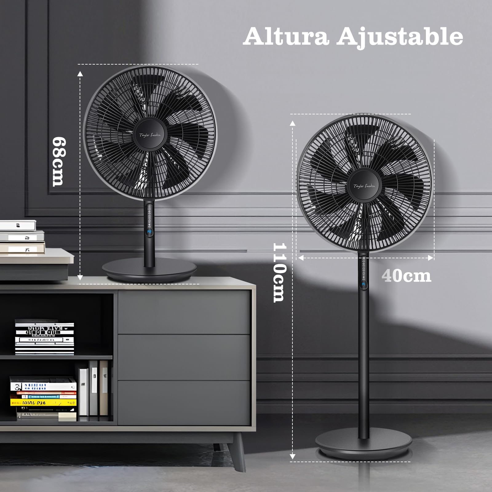 Taylor Swoden Eurus - Ventilador de pie y de mesa digital 2 en 1 con 7 aspas, 45W, temporizador 9h, mando a distancia, altura ajustable de 68 a 110 cm, 3 velocidades y 3 modos, oscilación de 90°