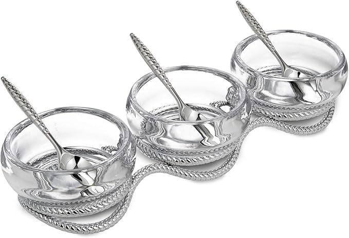 Nambe Braid Condiment Set with Spoons, Modern Scandinavian Glass Bowls on Braided Stainless Steel & Chrome Base