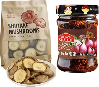 VIGOROUS MOUNTAINS Dried Shiitake Mushrooms 3.53oz and Fried Shallot Shiitake Spicy Sauce 7.4oz