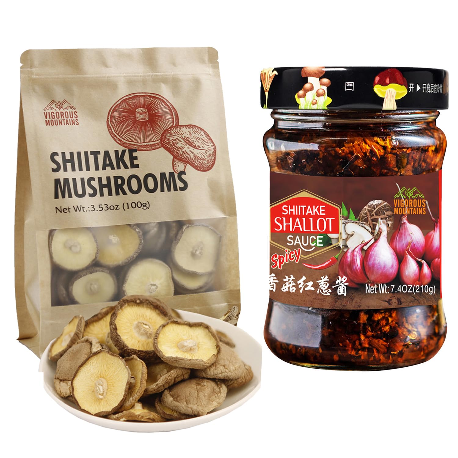 VIGOROUS MOUNTAINS Dried Shiitake Mushrooms 3.53oz and Fried Shallot Shiitake Spicy Sauce 7.4oz