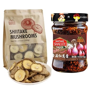 VIGOROUS MOUNTAINS Dried Shiitake Mushrooms 3.53oz and Fried Shallot Shiitake Spicy Sauce 7.4oz