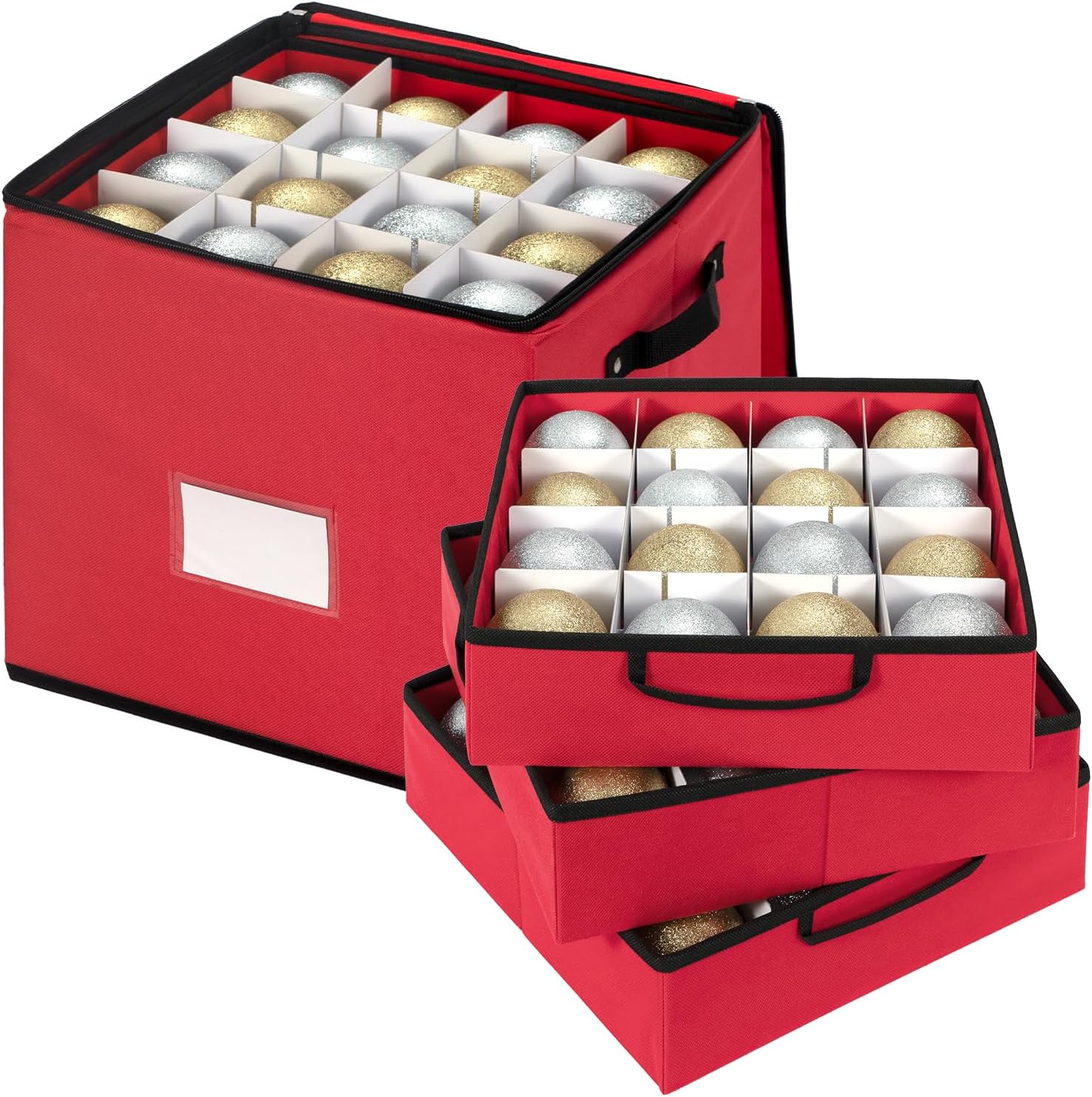 JY COOKMENT Christmas Ornament Storage Box with Adjustable Dividers, Premium Holiday Ornaments Storage Container Bin with Zippered Top for Xmas Decorations (64-3" Balls, Red, With Tray)