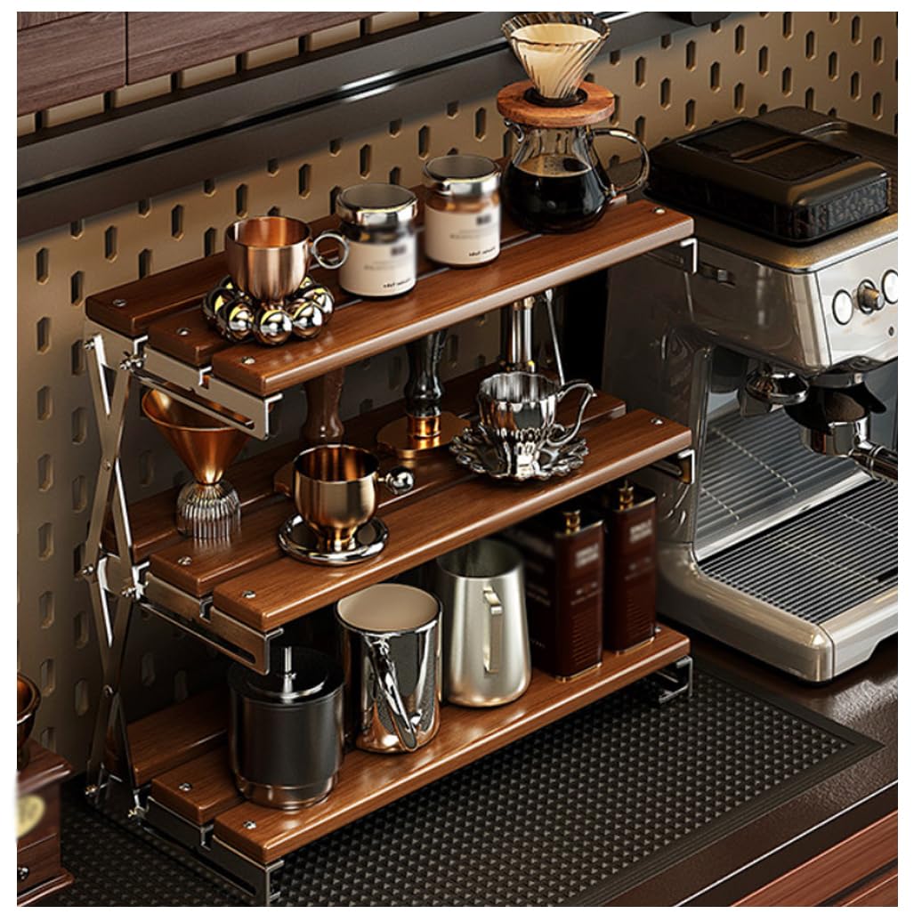 QDZC Wood Fold Coffee Mug Display Rack Compartment Countertop Spice Jar Organizer Small Cup Holder Kitchen Storage Shelf for Home Office Home Furnishing 30cm