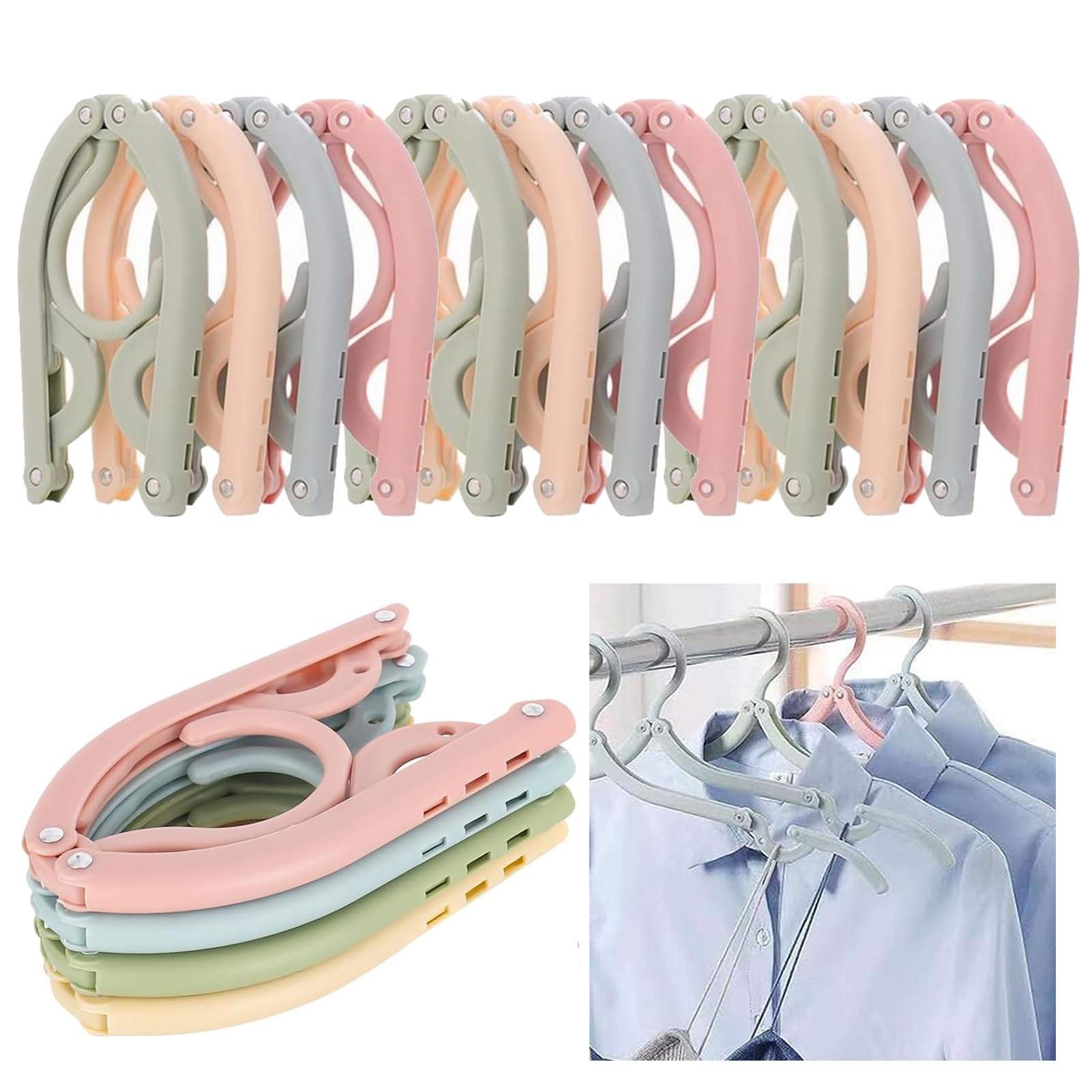 Elvielsl Folding Clothes Hangers, 12PCS Portable Travel Hangers Folding Plastic Clothes Coat Hanger Multifunction Travel Accessories for Home Travel Outdoor Camping, 4 Colors