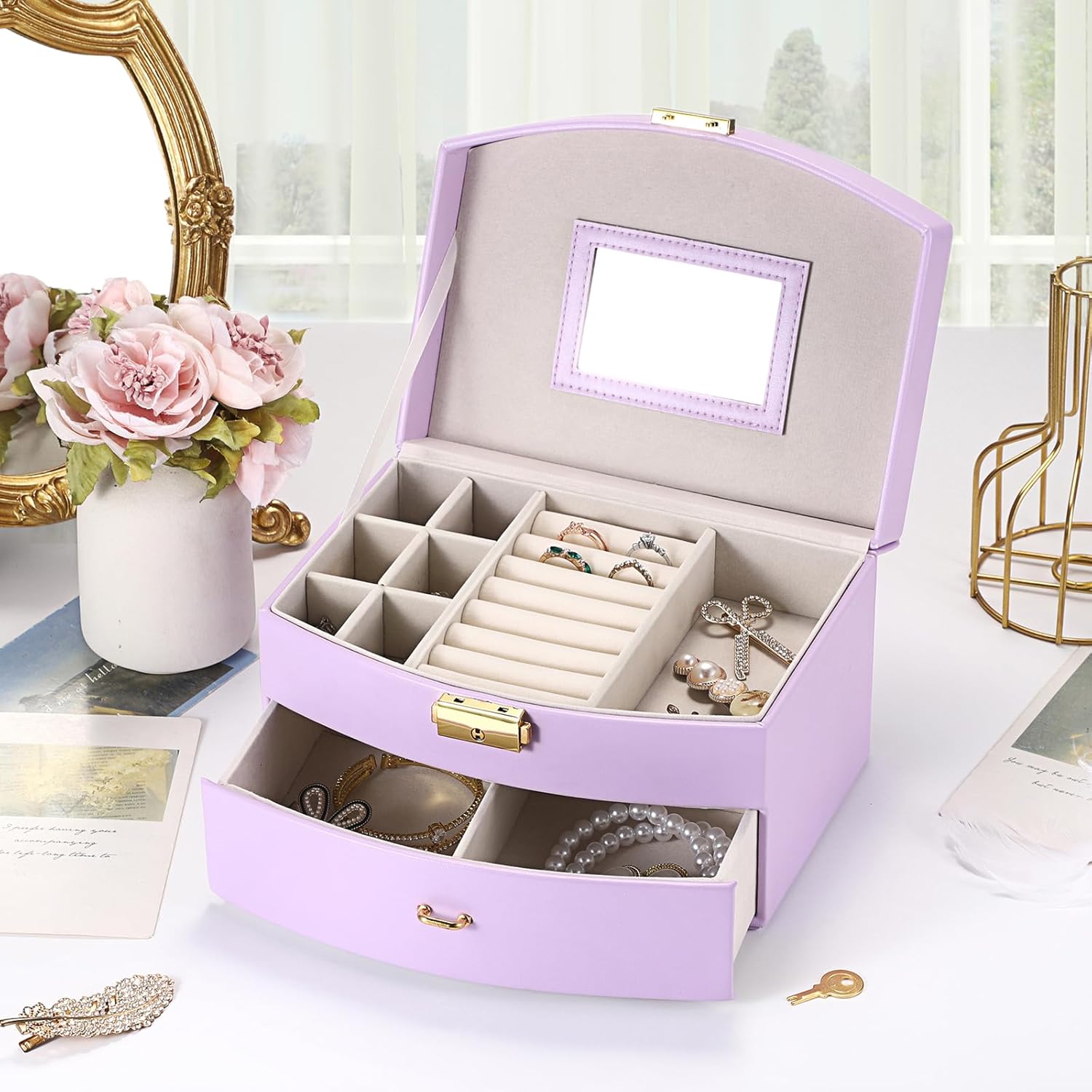 ELLDOO Musical Jewelry Box with Drawer, Purple Music Box Keepsake Box, Small Trinket Jewelry Storage Box Gift for Girls Women (Tune: You are My Sunshine)
