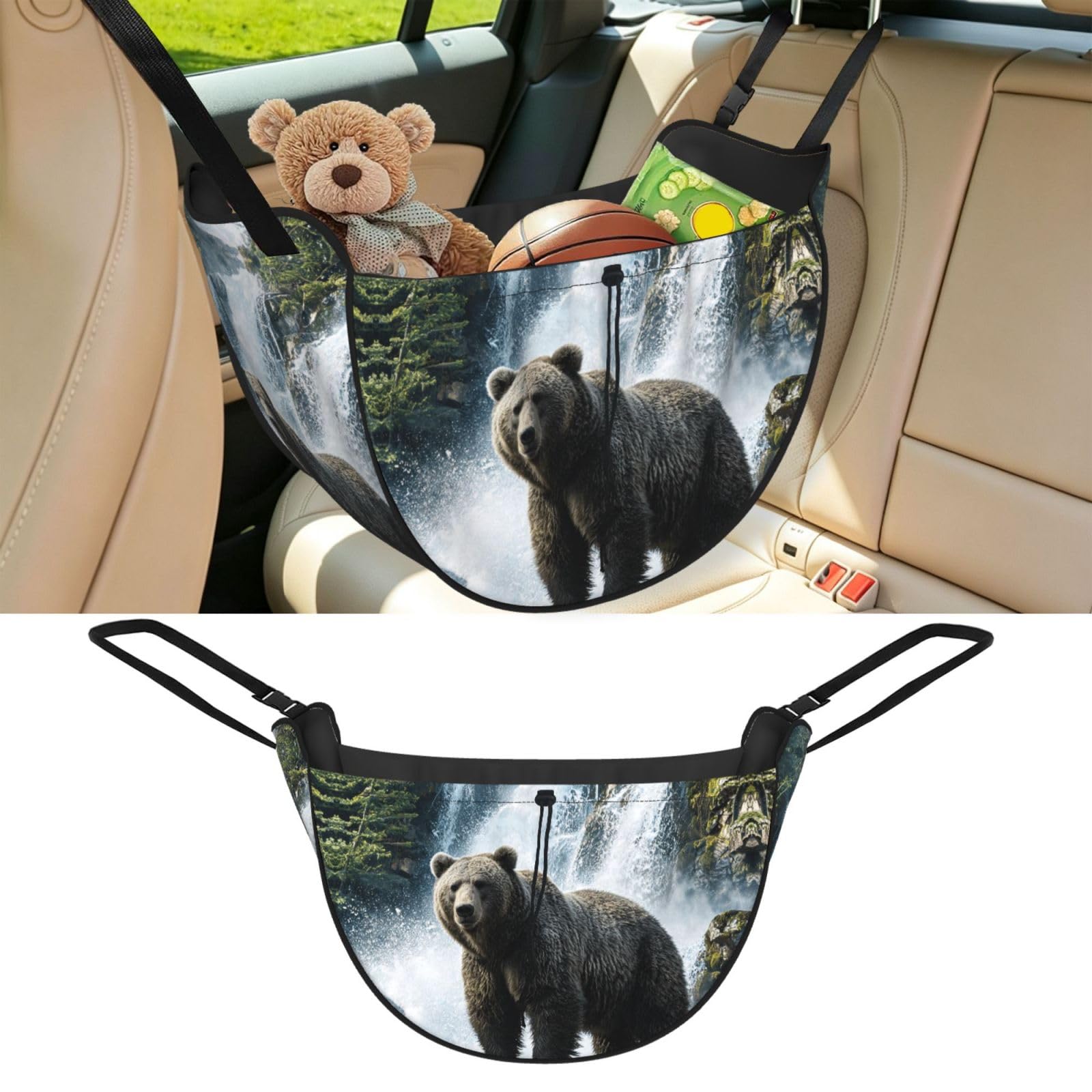 Cntdbu Black Bear Waterfall Car Seat Organizer-Backseat Storage Bag For Travel