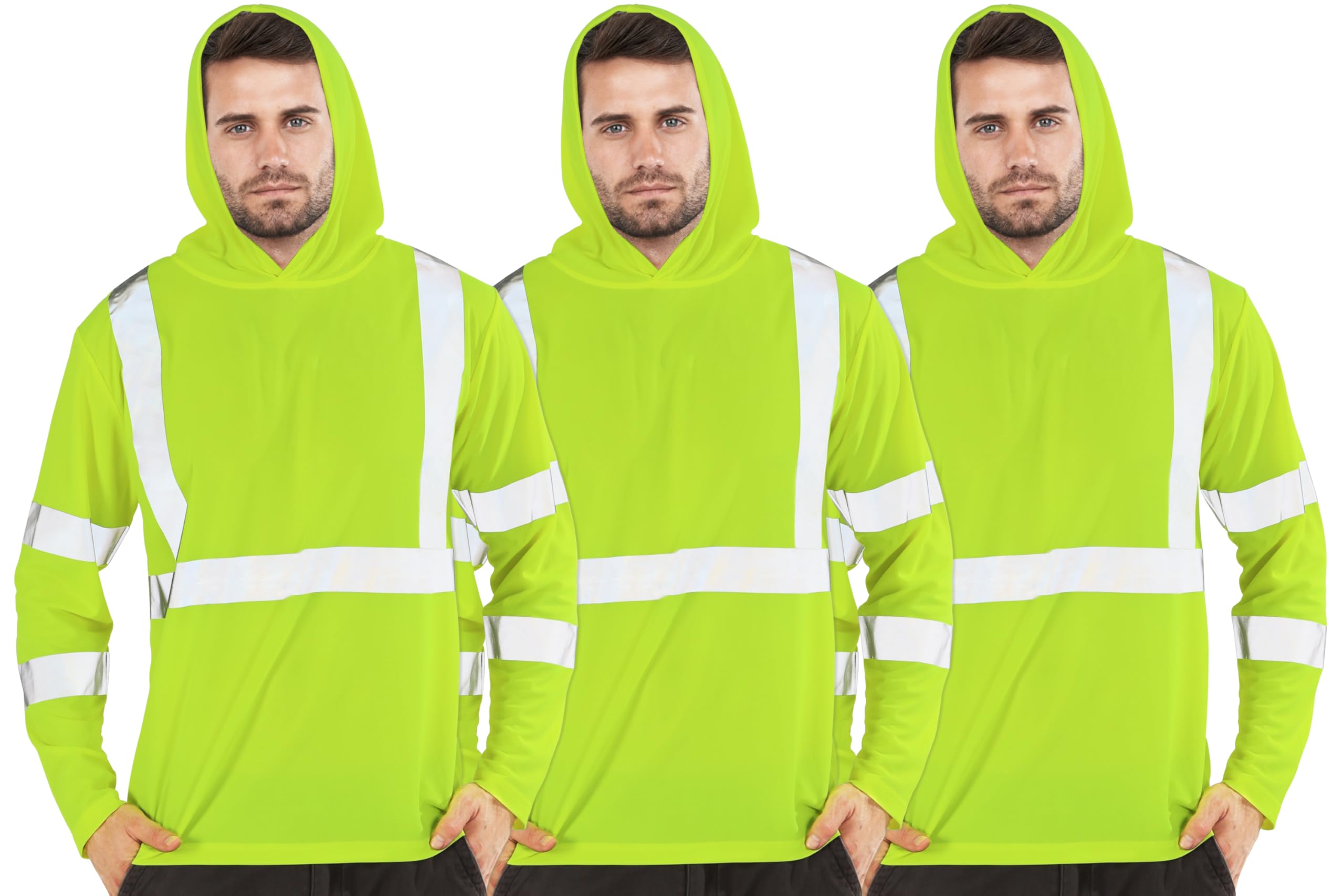 FATONE Hi Vis Shirts Long Sleeve for Work, Class 3 High Visibility Shirts for Men with Hood Reflective, Safety Shirt for Construction 3 PCS, Yellow L