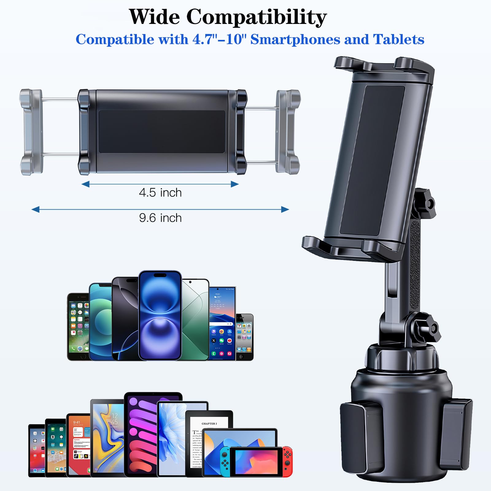 Getränkehalter, Handy-Tablet-Halterung für Auto, LKW, 360° drehbarer Ständer und verstellbarer Arm, kompatibel mit 4-10 Zoll iPad, Samsung Tab, iPhone, Handys, Kindle Fire HD