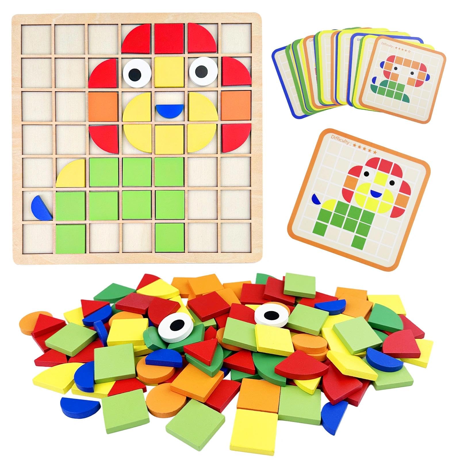 120 Piezas Puzzle de Mosaico Madera con 20 Tarjetas, Rompecabezas con Forma Geométrica, Juguete Puzzles de Tangram, Bloques de Patrones de Madera, Juguetes Montessori Niños 3 4 5 6 Años