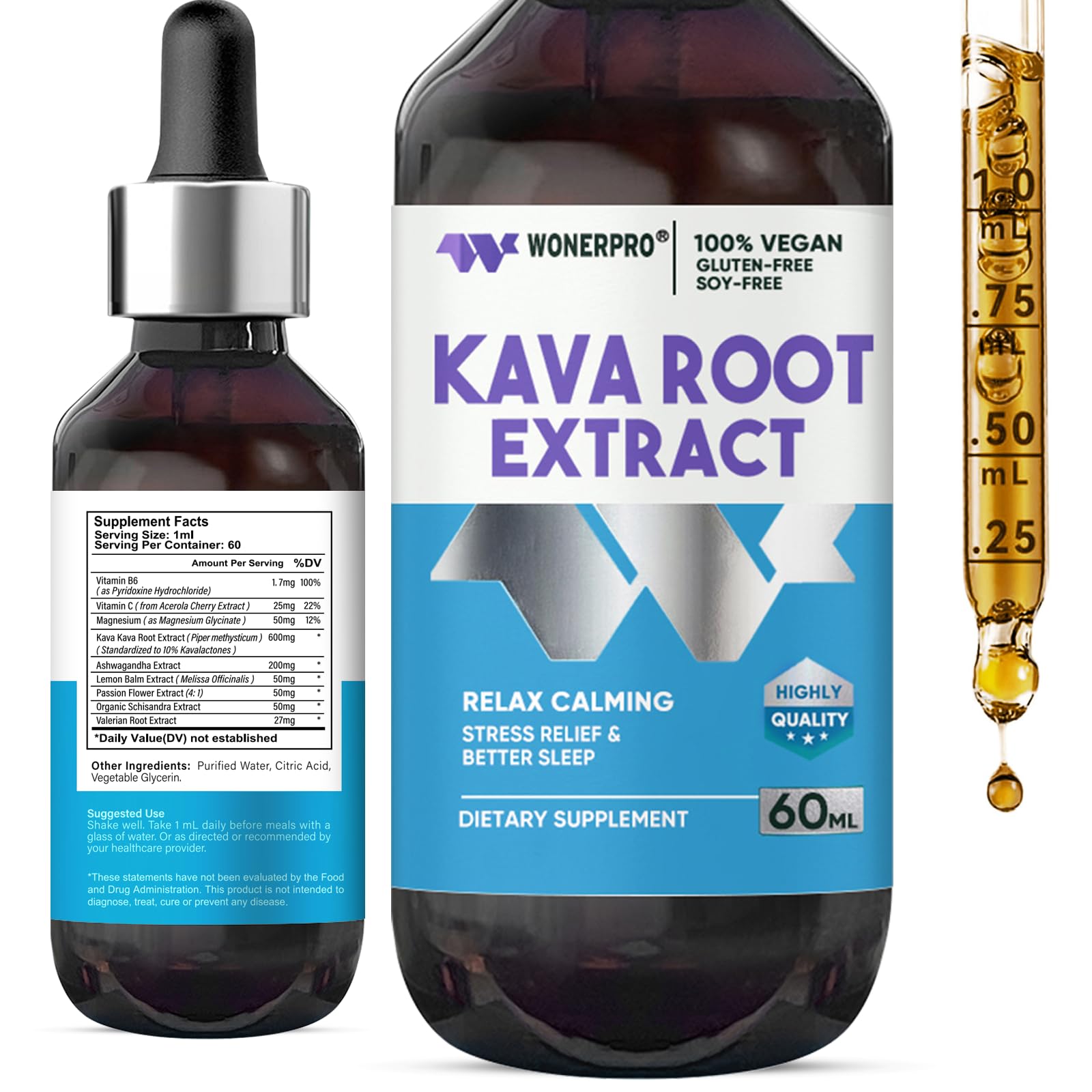 WONERPRO Kava Kava Root Extract - Traditional Botanical Blend for Relaxation - Organic Liquid Drops with Valerian Root & Passion Flower - Vegan Gluten-Free Non-GMO - 60ml
