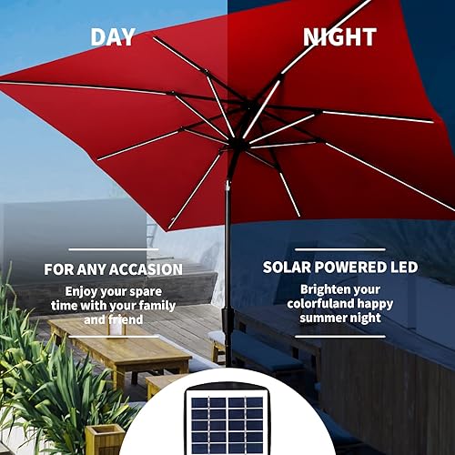 Miniatura 3 de Sombrilla de playa LED roja de 9 pies con 16 barras LED de energía solar, operación de fácil inclinación, marco de aluminio, tela impermeable,