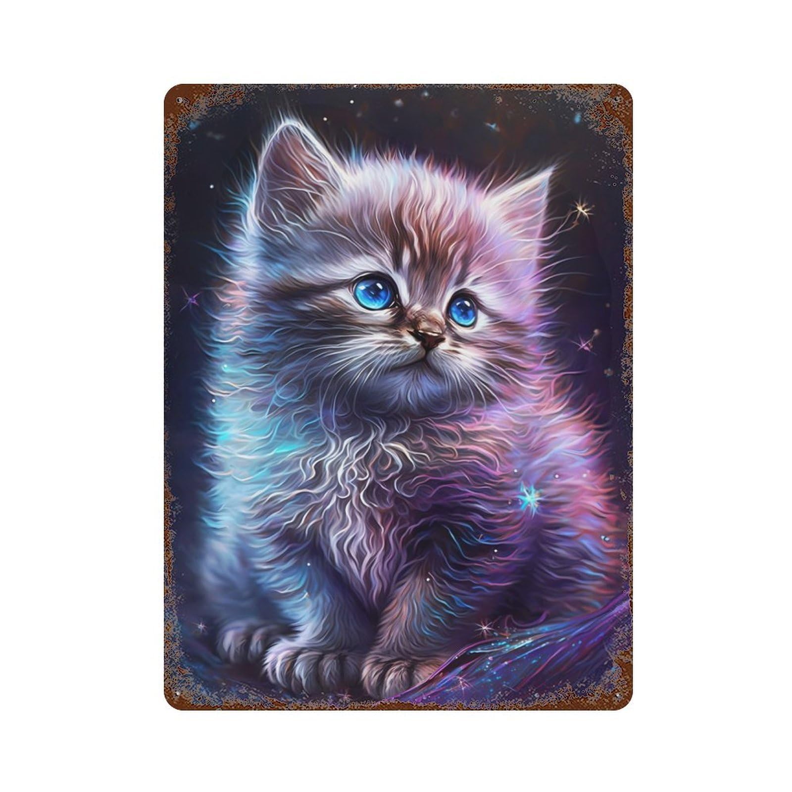 Cute Galaxy Kitten Aged Metal Wall Plaque 15.7"x11.8", Old School Wall Decor for Garage, Bar And Workshop Decor
