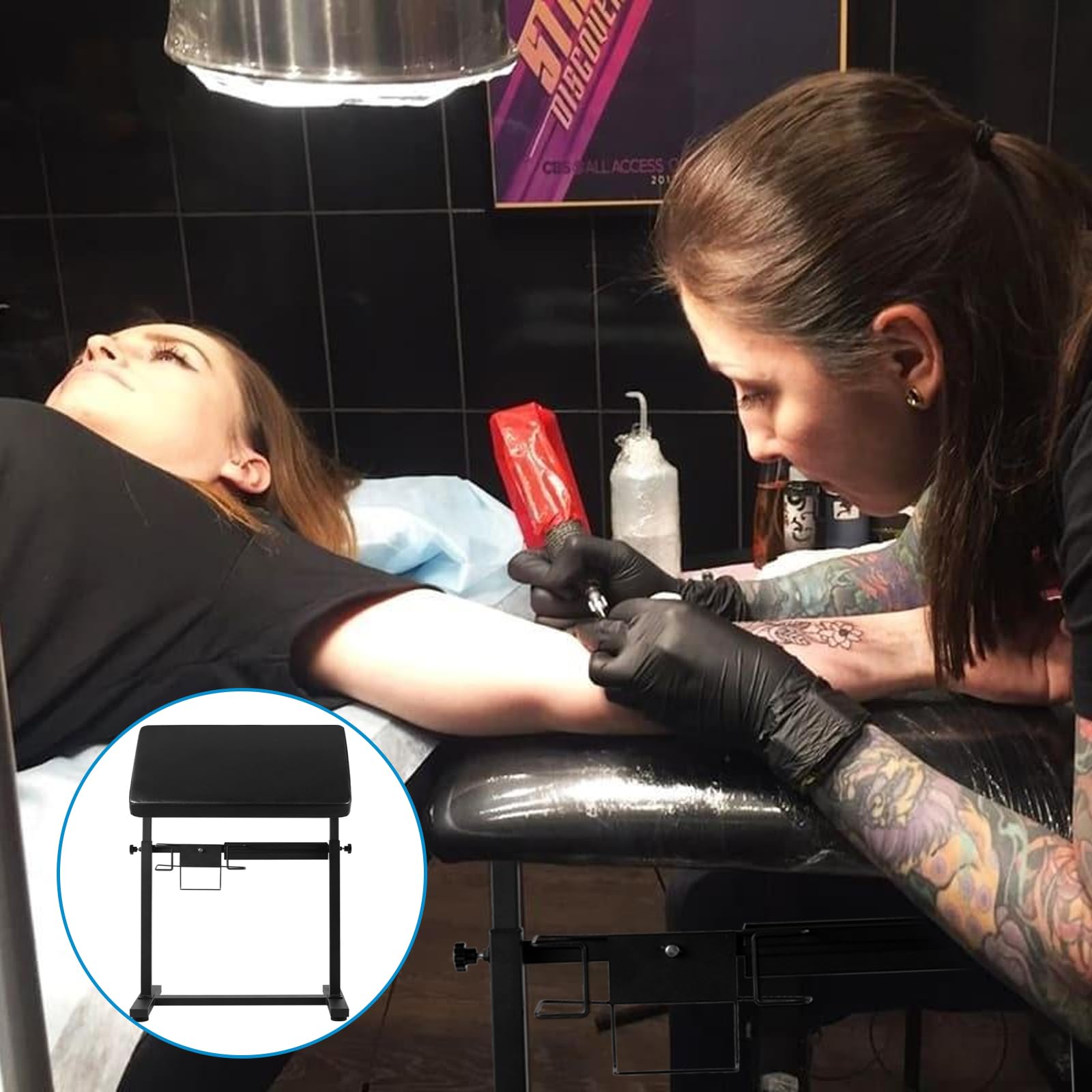 Tattoo Arm Rest Stand, Large Armrest Tattoo with Rack and Storage Compartment, Tattoo Armrest Stand with PU Leather Soft Sponge Pad, Adjustable Height & Angle for Tattoo Supplies